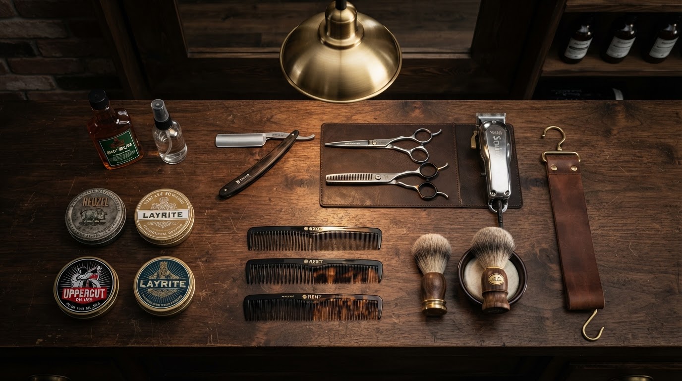 Close-up of premium barber tools on a walnut counter