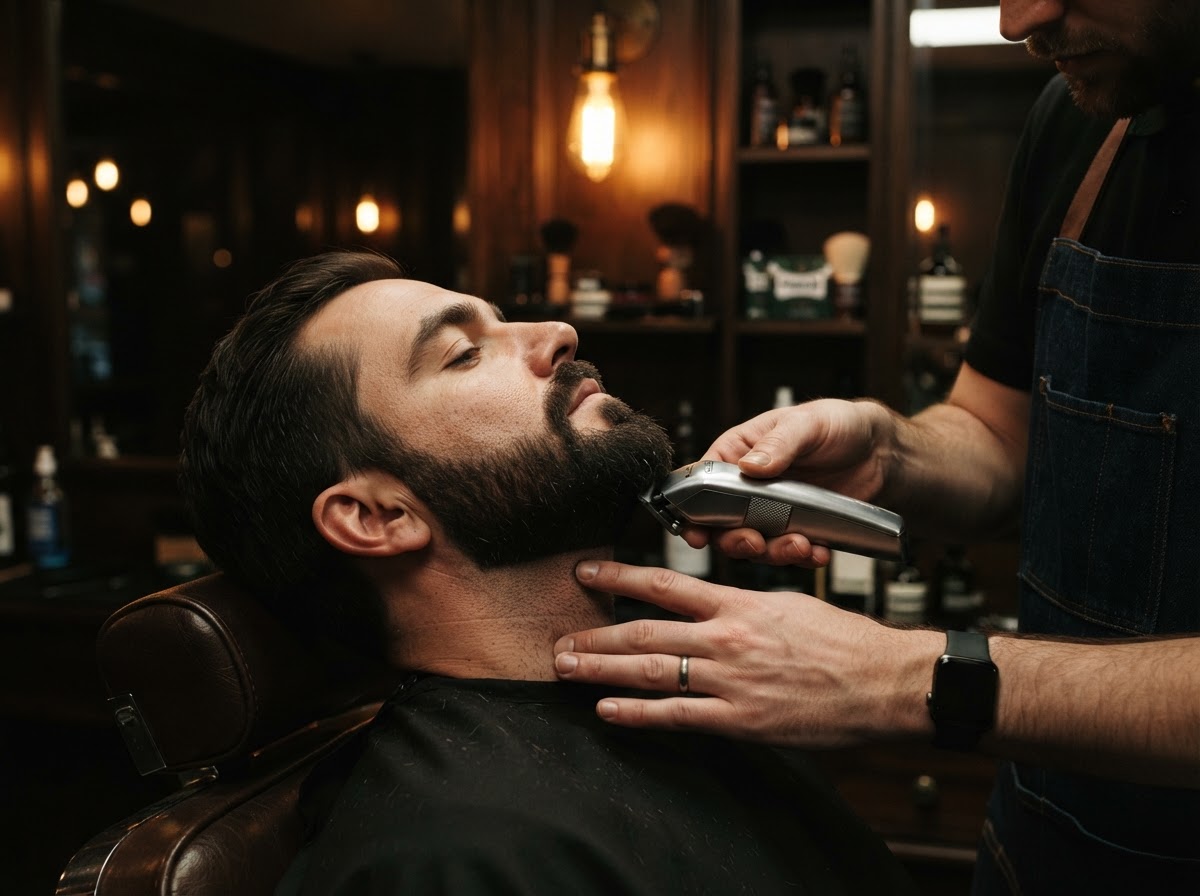 Barber shaping and detailing a client's beard