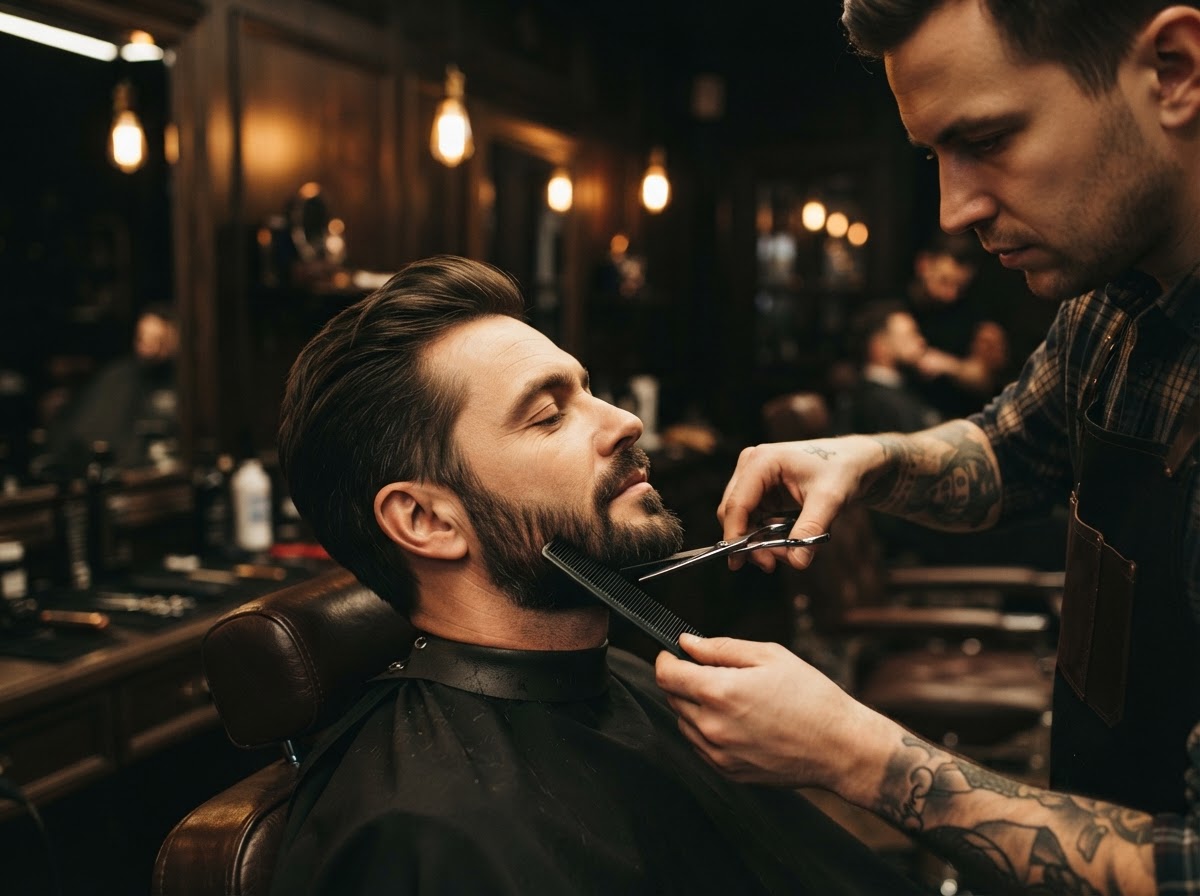 Barber consulting with a client before a haircut and beard service