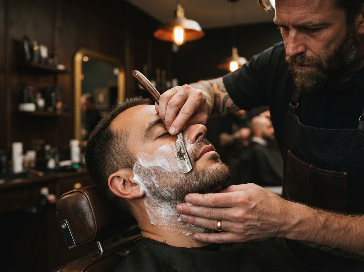 Close-up of a straight-razor shave with hot lather