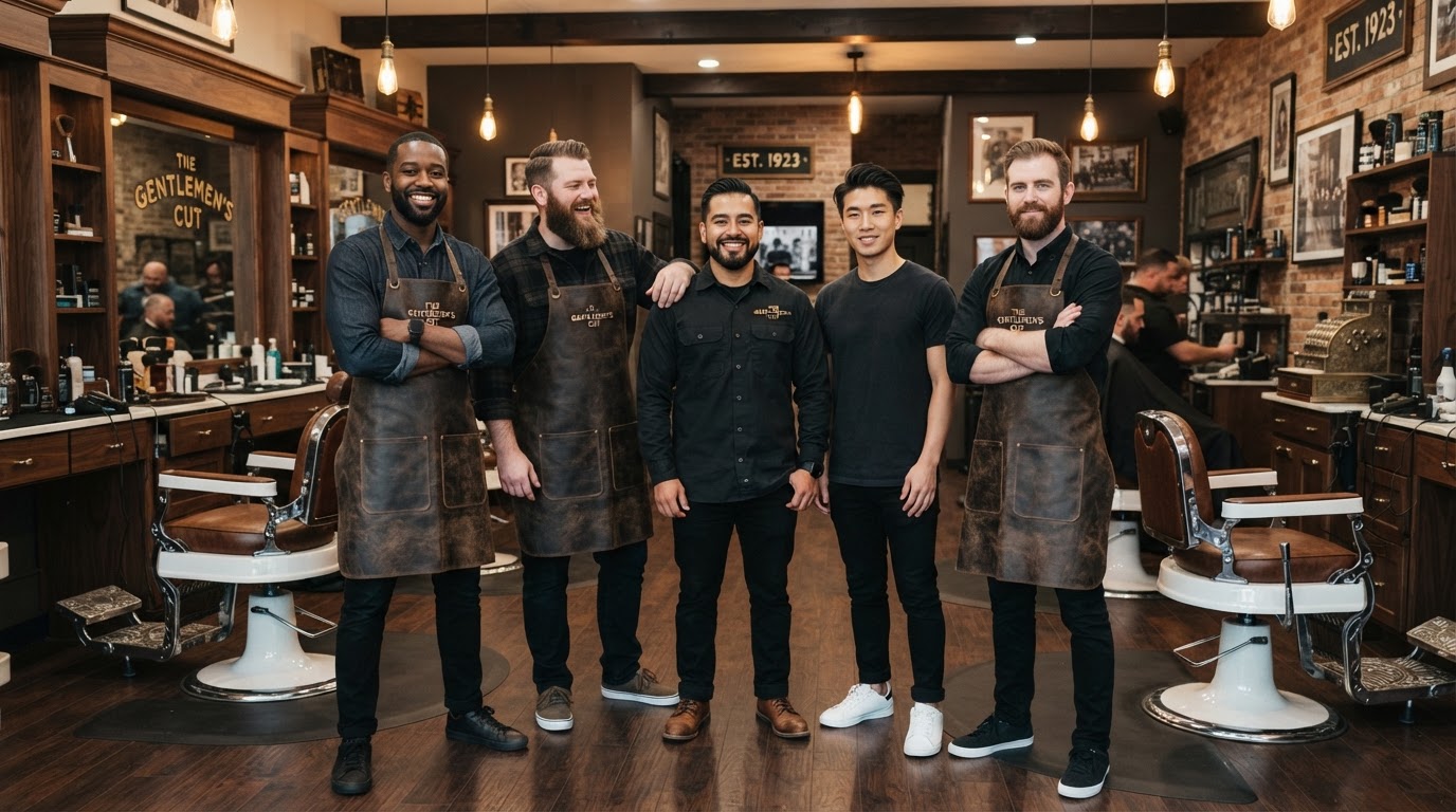 The Crown & Blade team of five barbers in the shop