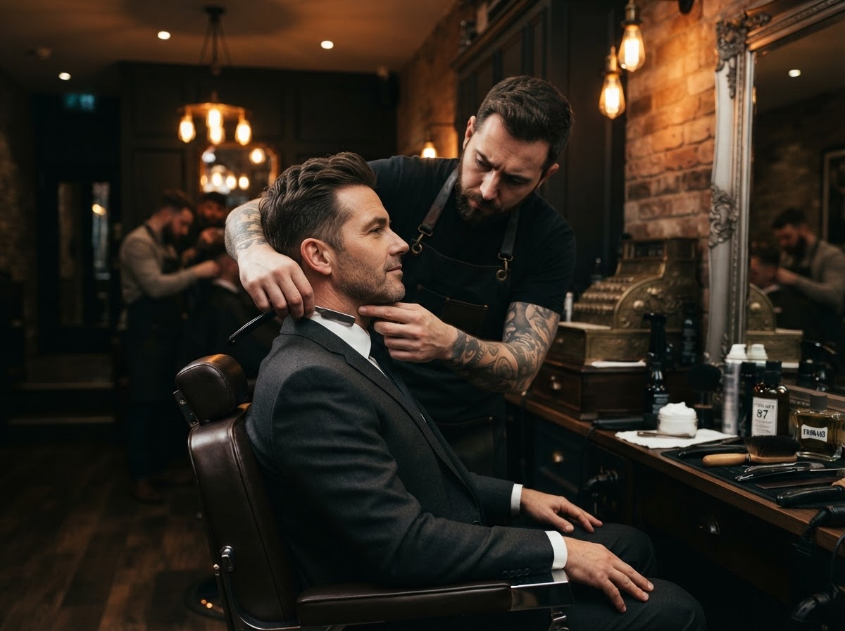 Barber finishing a polished executive grooming appointment