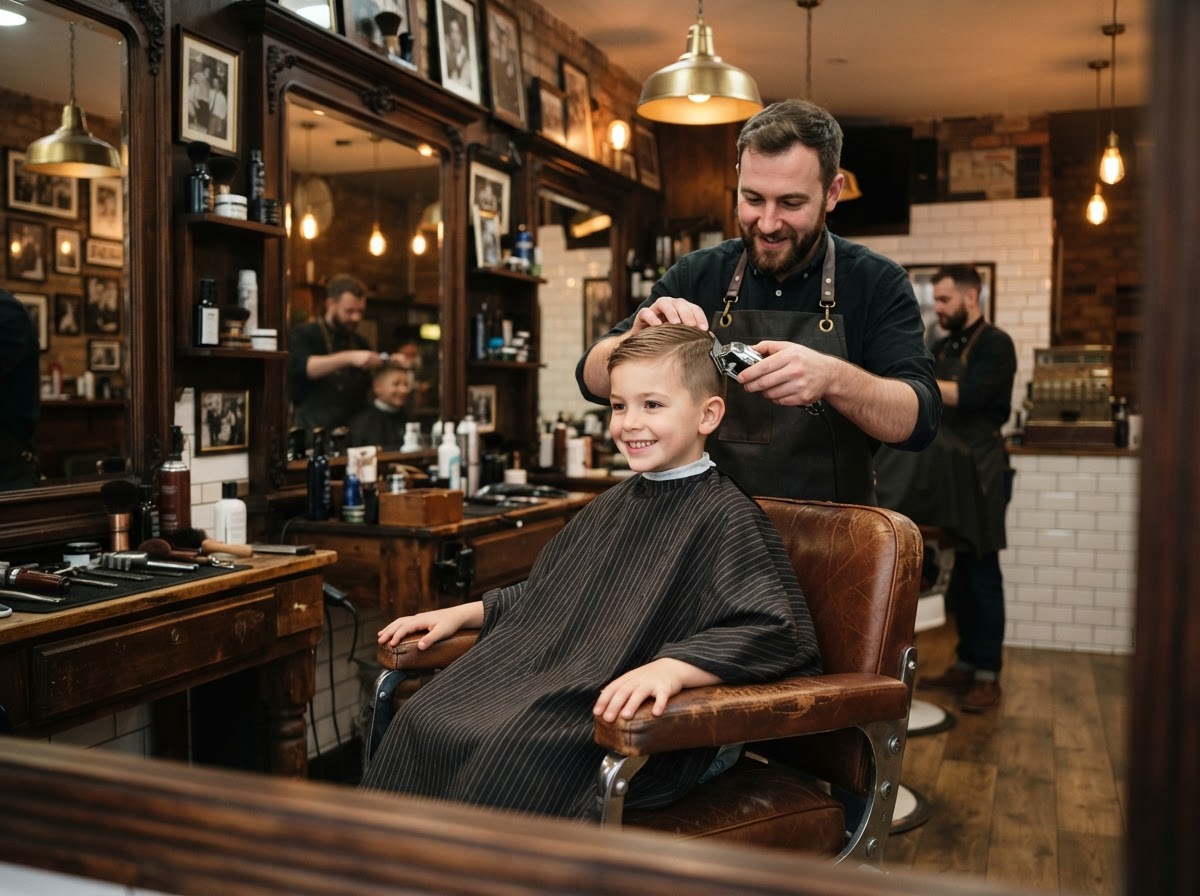 Young boy receiving a patient haircut in an upscale barbershop