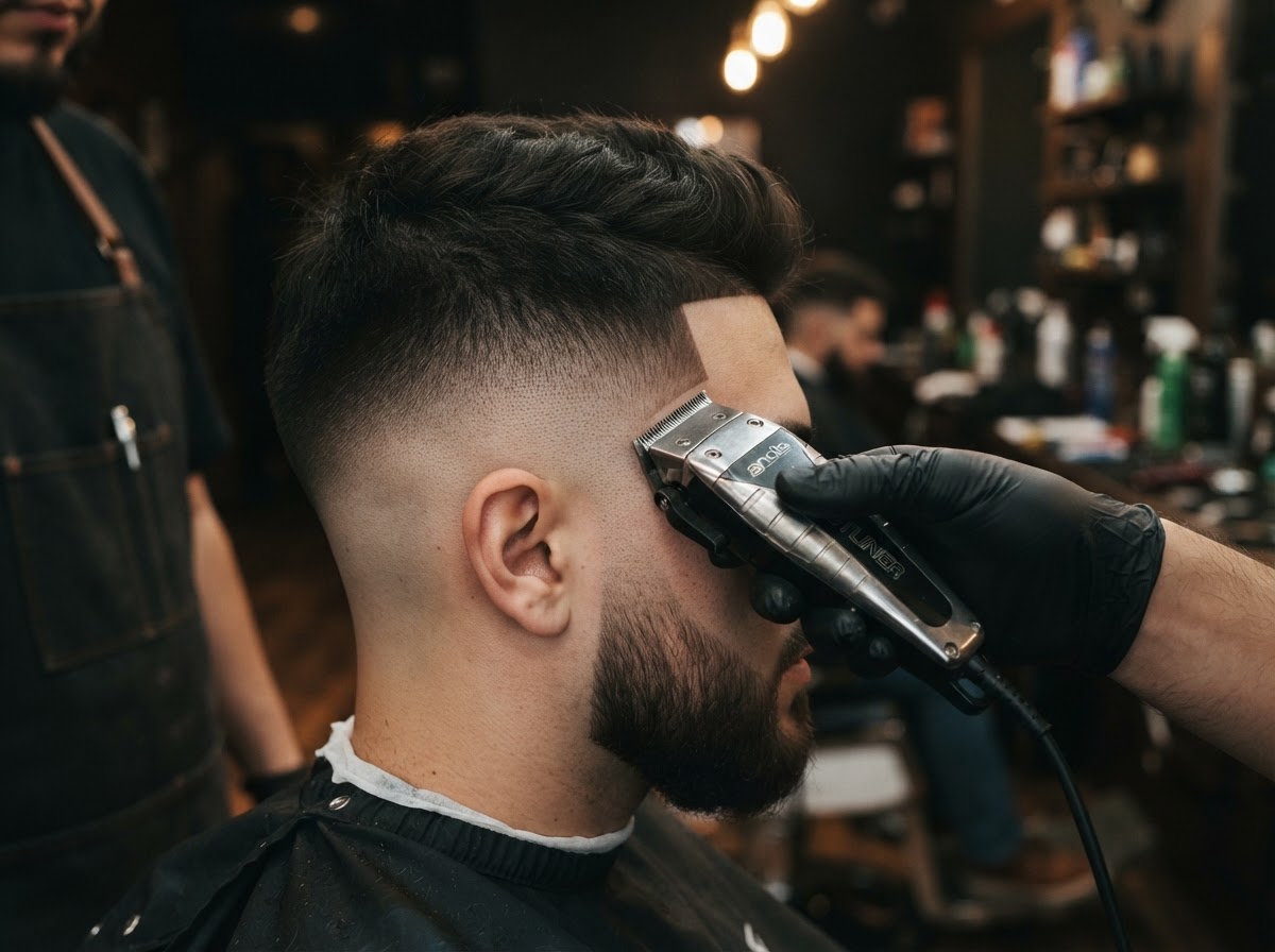 Barber detailing a precise skin fade haircut with clippers