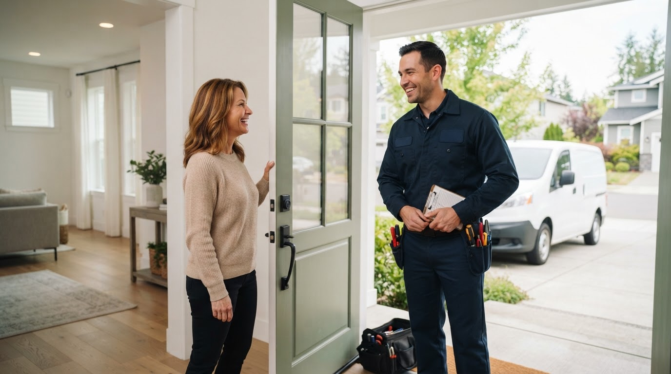 Friendly service technician finishing a job with a happy homeowner