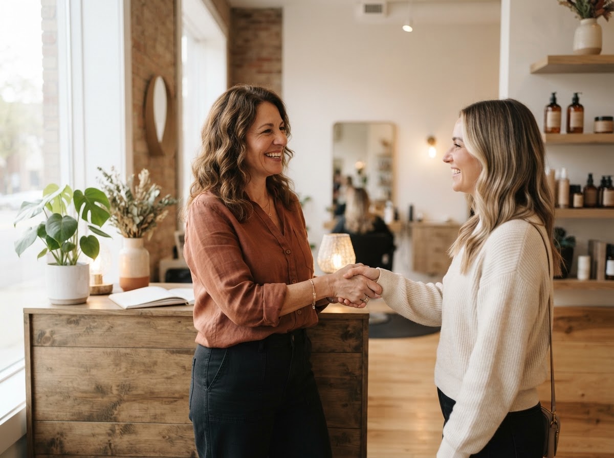 Business owner and a happy customer shaking hands