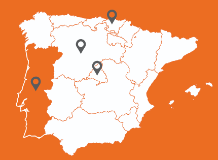 Map of Grupo PROYCO regional offices across the Iberian Peninsula