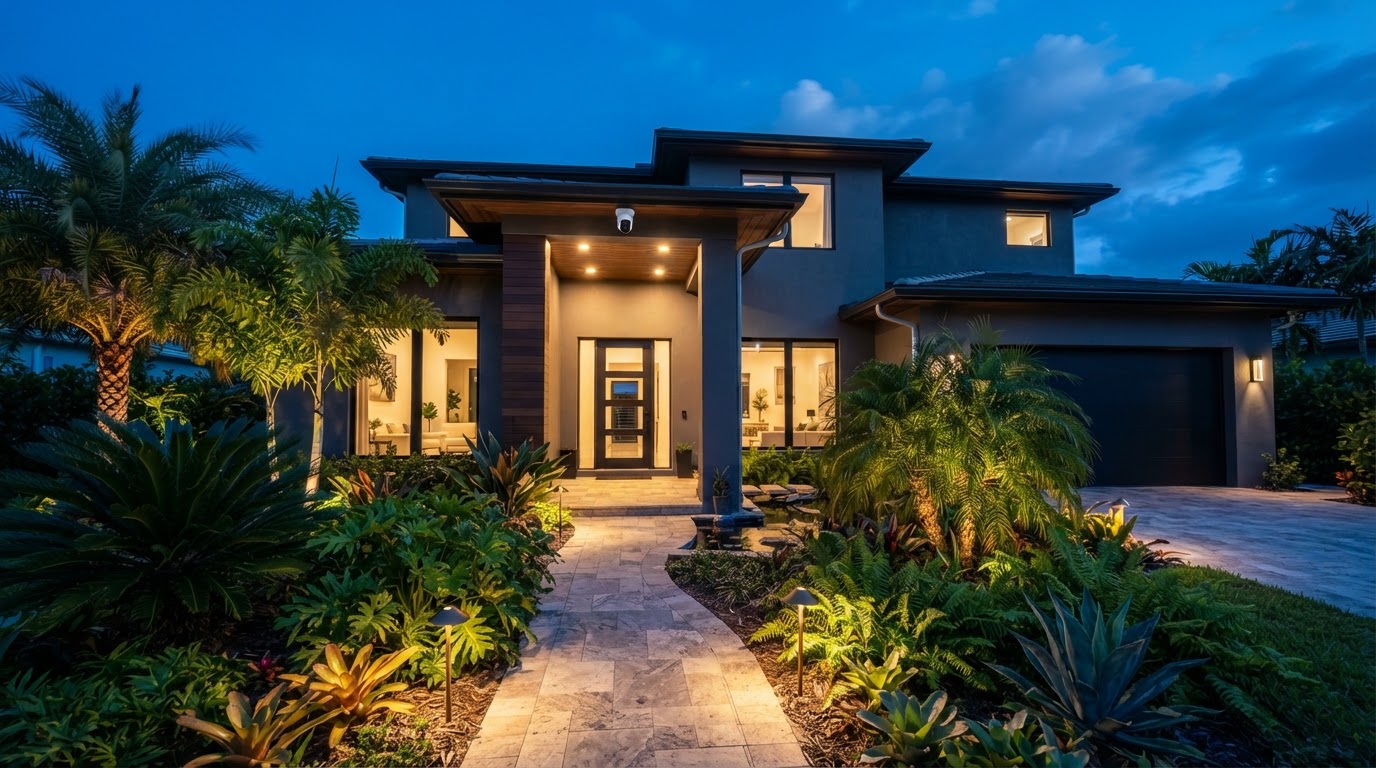 South Florida home with a security camera under the eave and LED lighting at the entrance