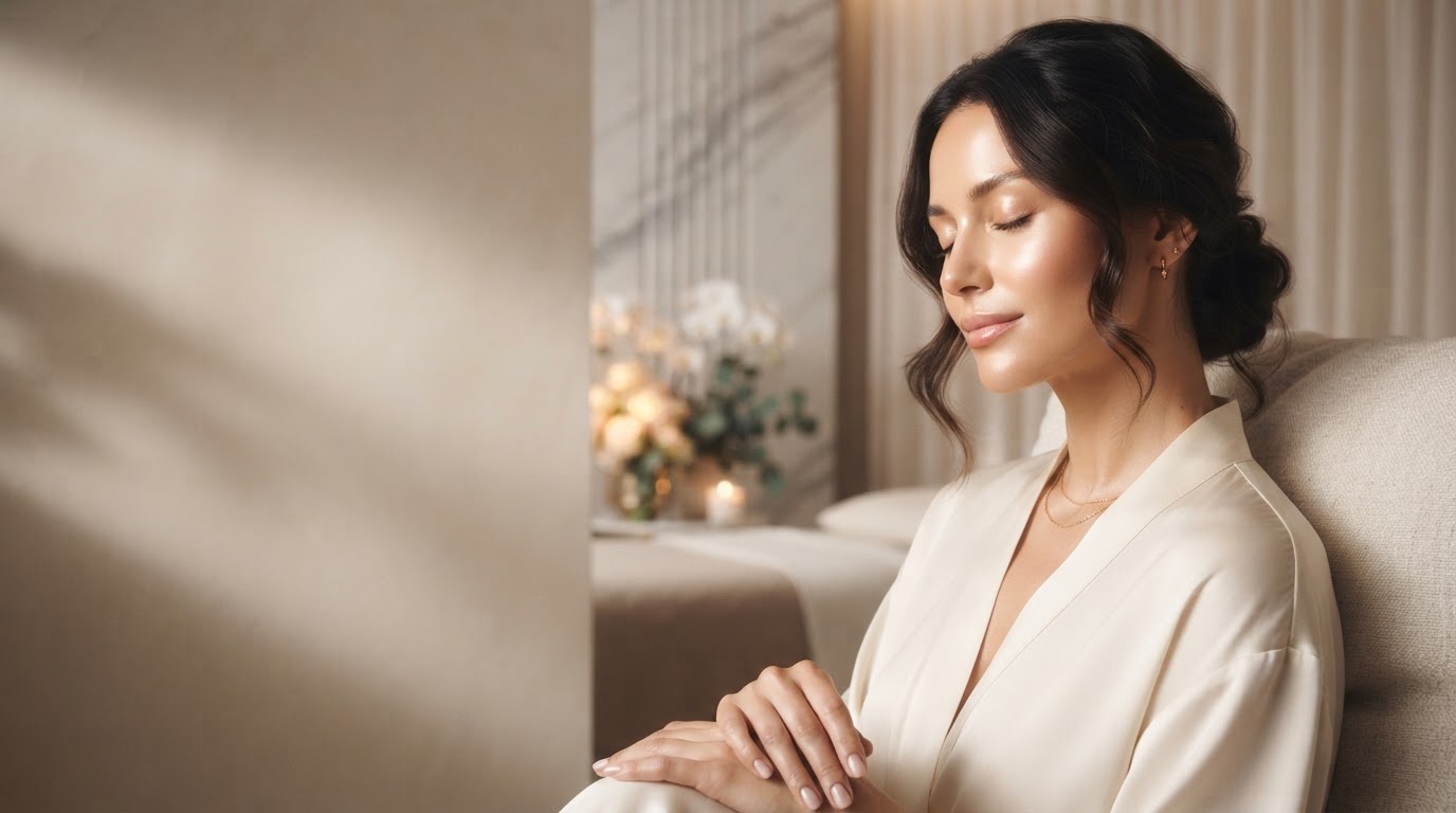 A woman with luminous skin resting calmly, bathed in warm champagne-gold light
