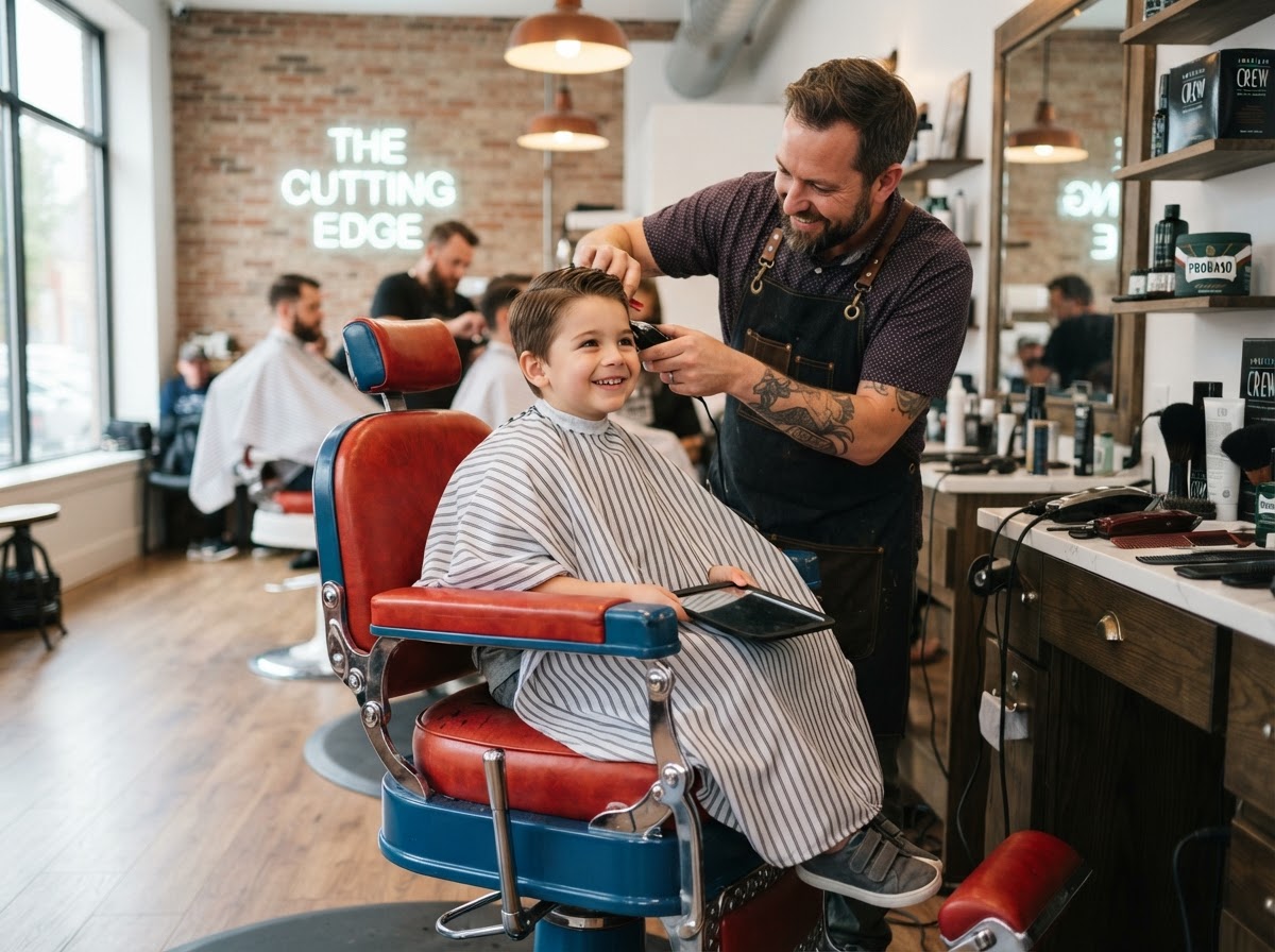 Young client relaxing in a red and blue barber chair mid fresh haircut