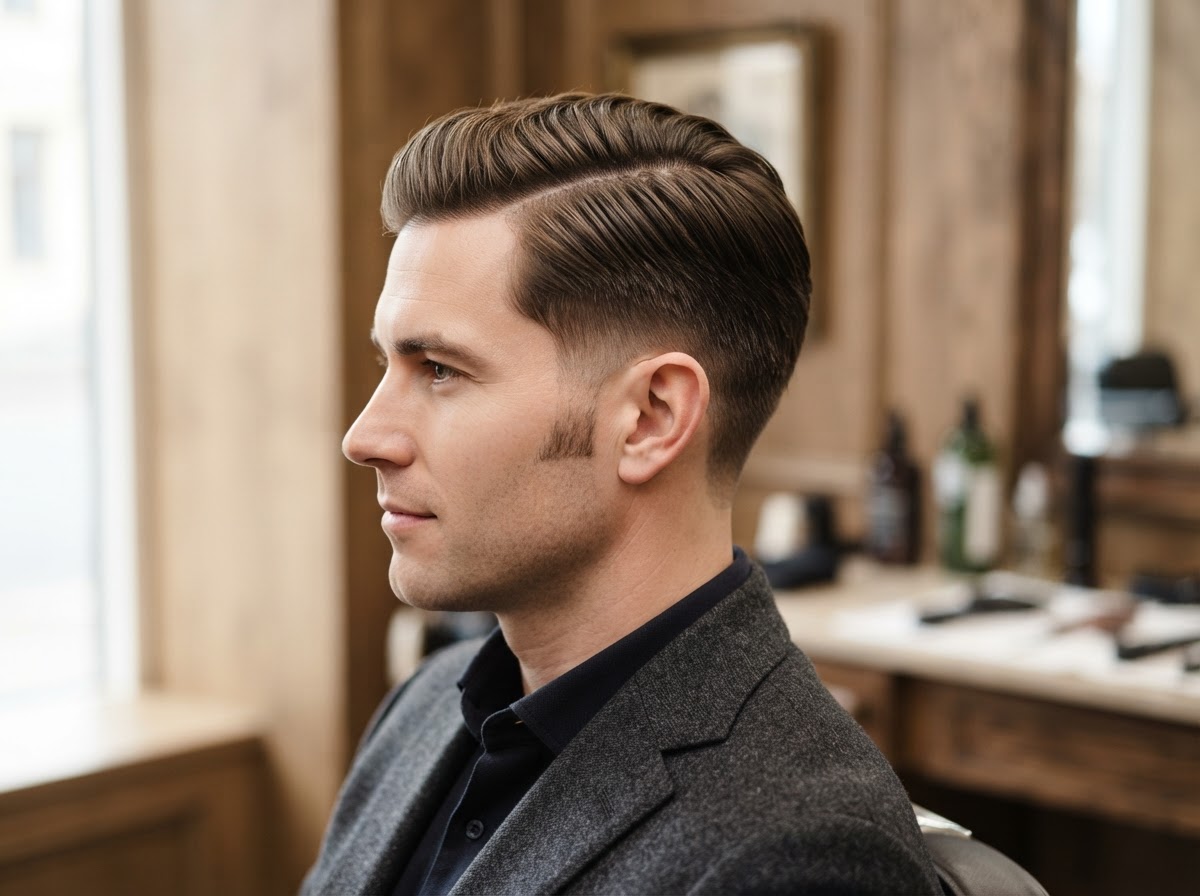 Classic scissor cut with a neat side part and natural texture