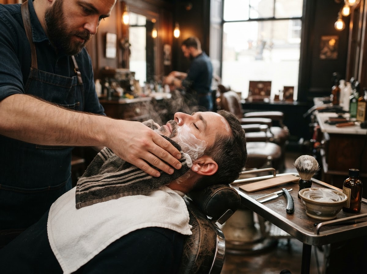 Hot towel straight-razor shave in progress with lather