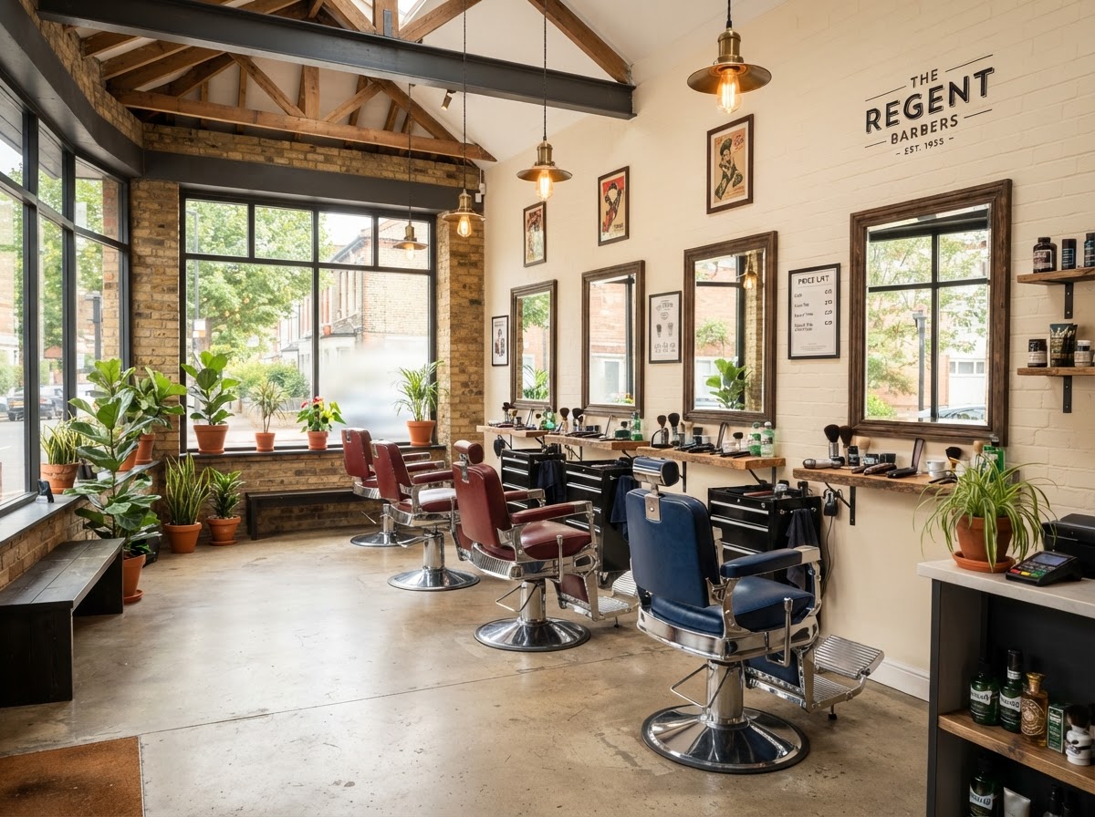 Bright barbershop interior with red and blue vintage chairs
