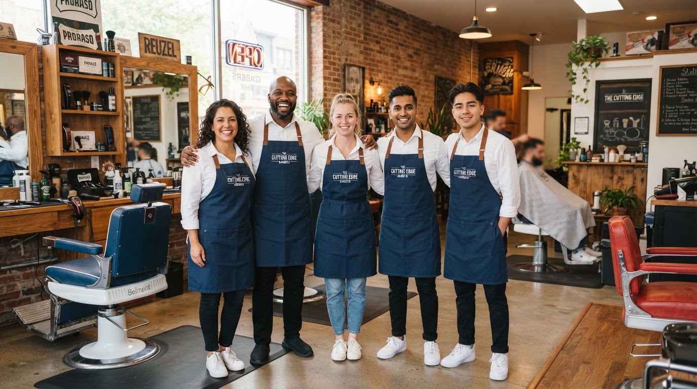 Five friendly barbers posing together in matching navy aprons
