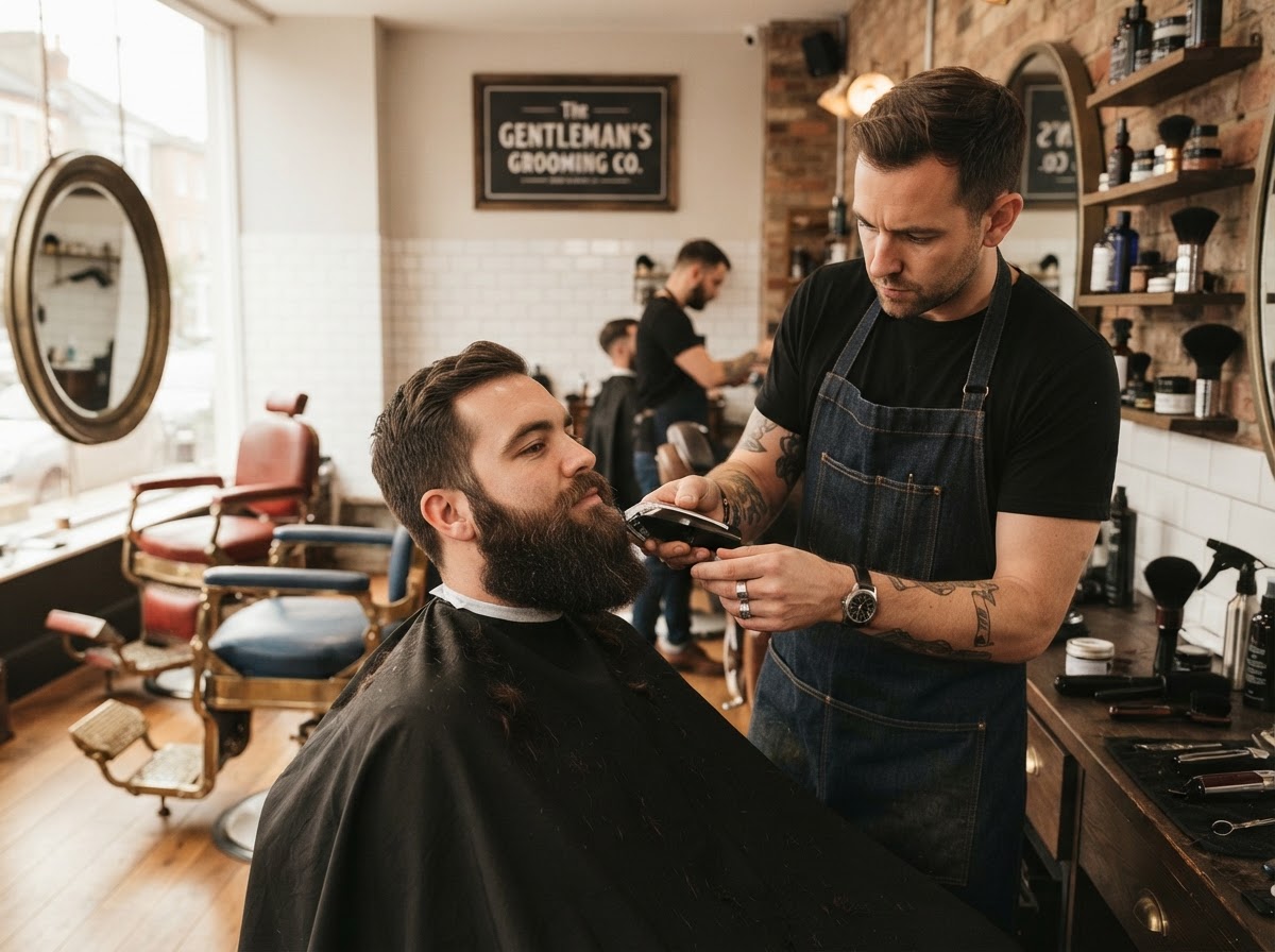 Barber shaping a full beard with trimmers for a defined, intentional finish