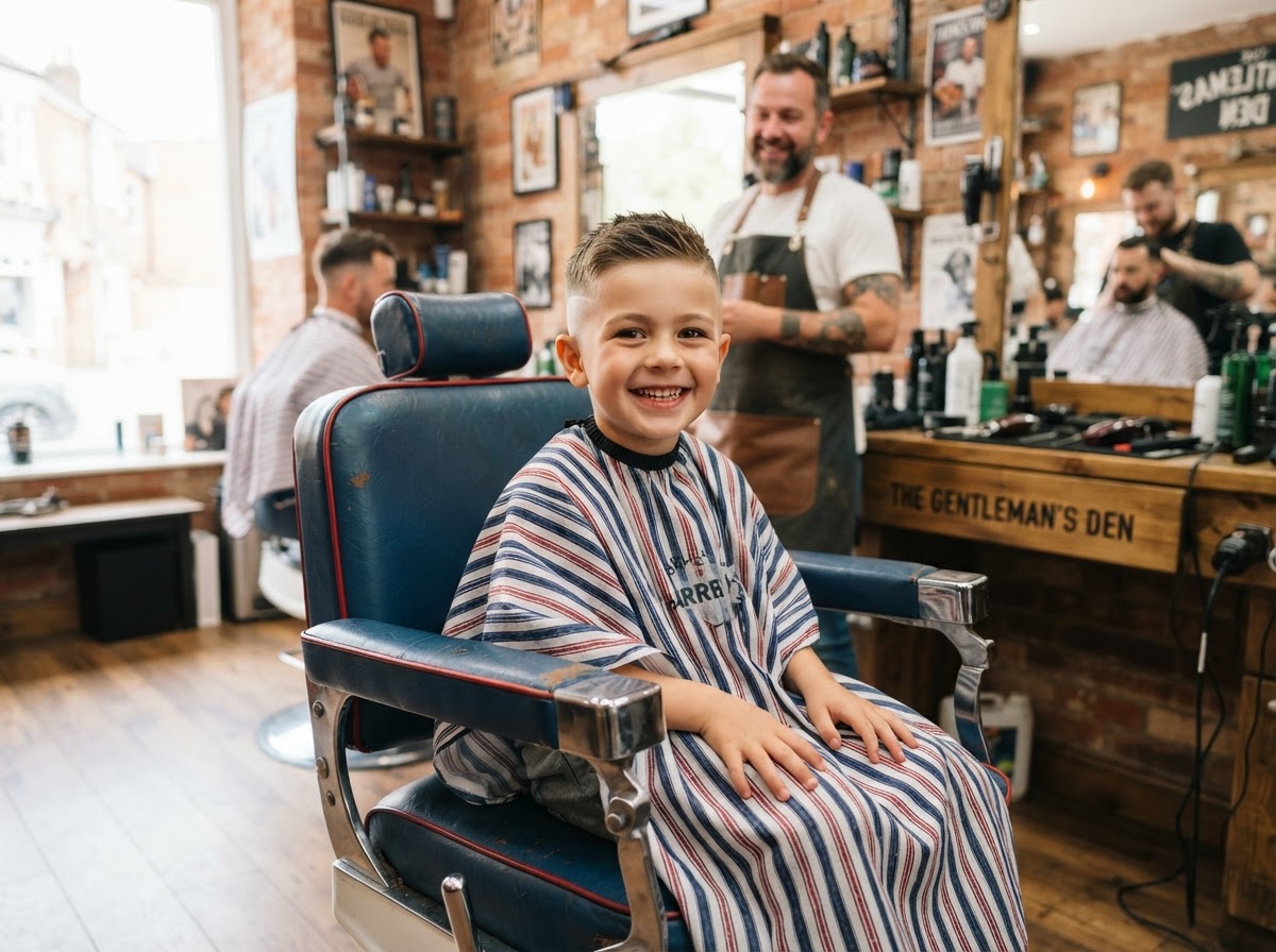 Happy young boy after a fresh kids cut in a red and blue barber chair