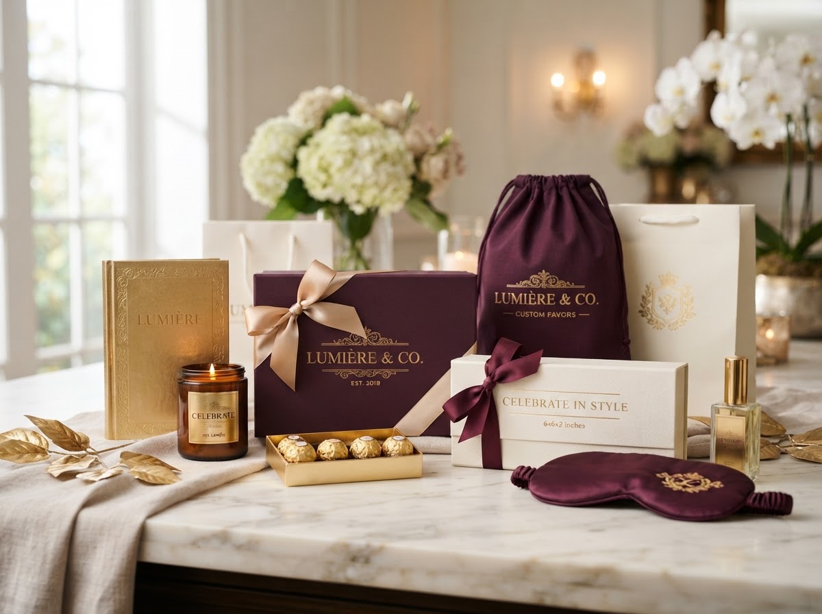Luxury gold-foiled gift boxes and branded keepsake bags