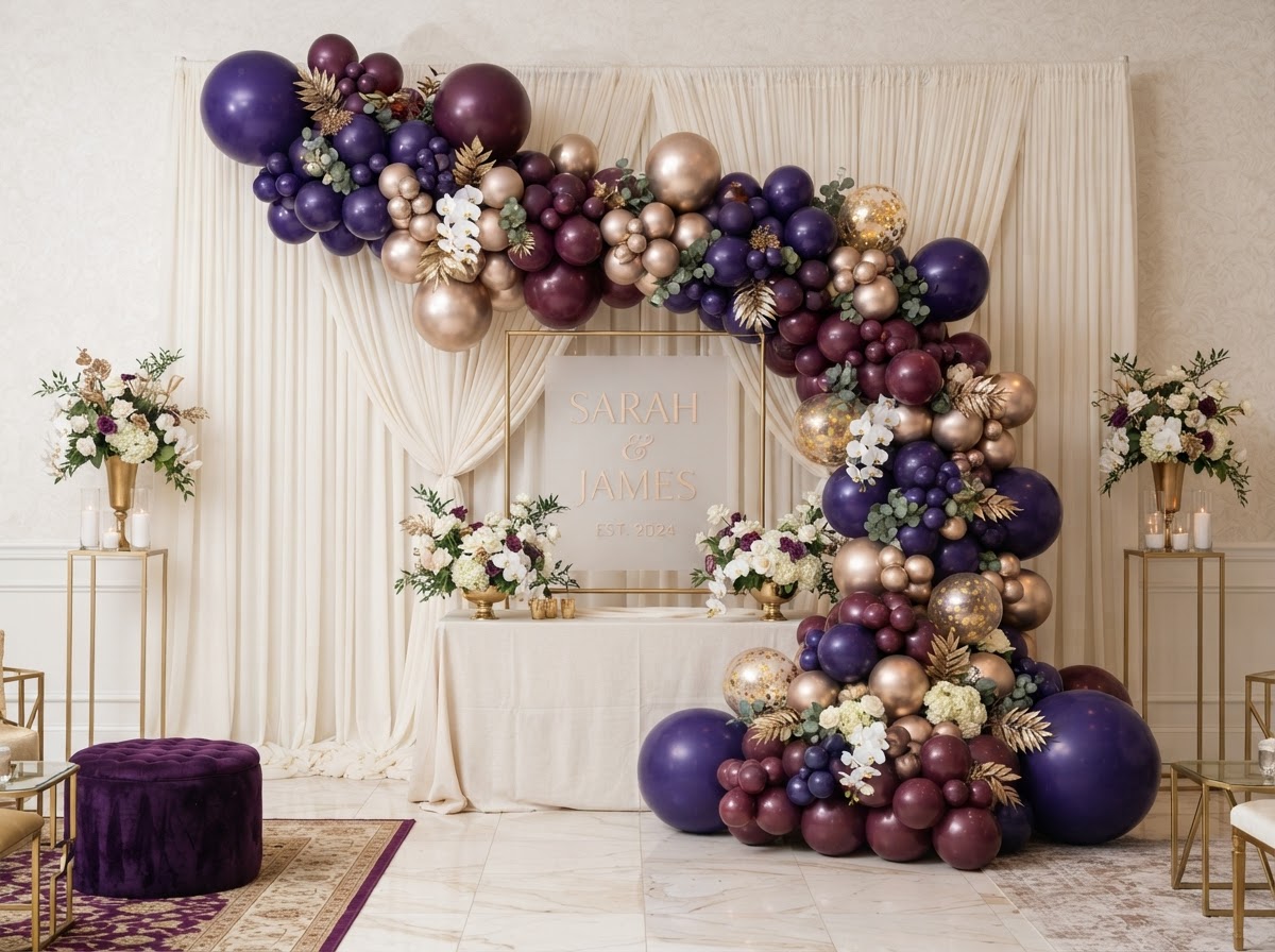 Luxe royal purple and gold balloon garland with custom backdrop