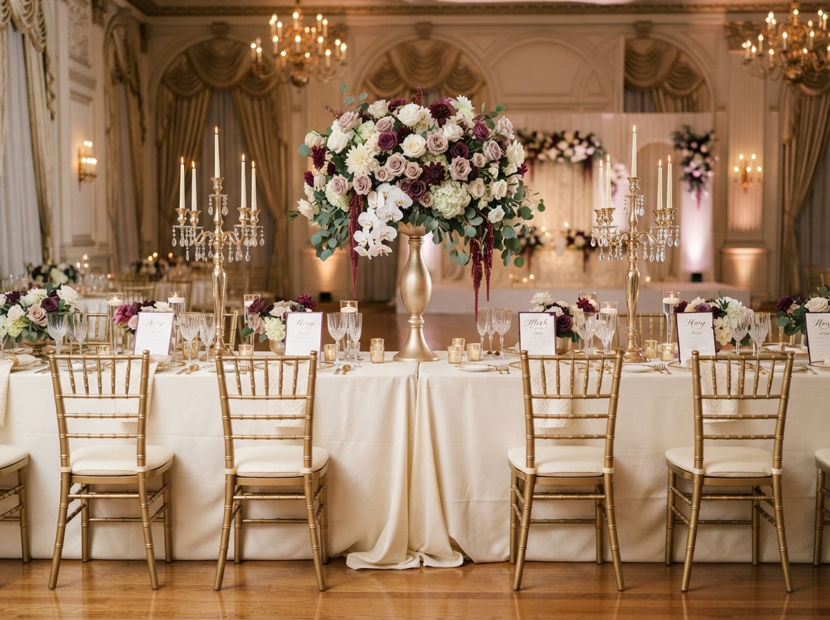 Curated gold chiavari chairs and floral centerpiece rentals