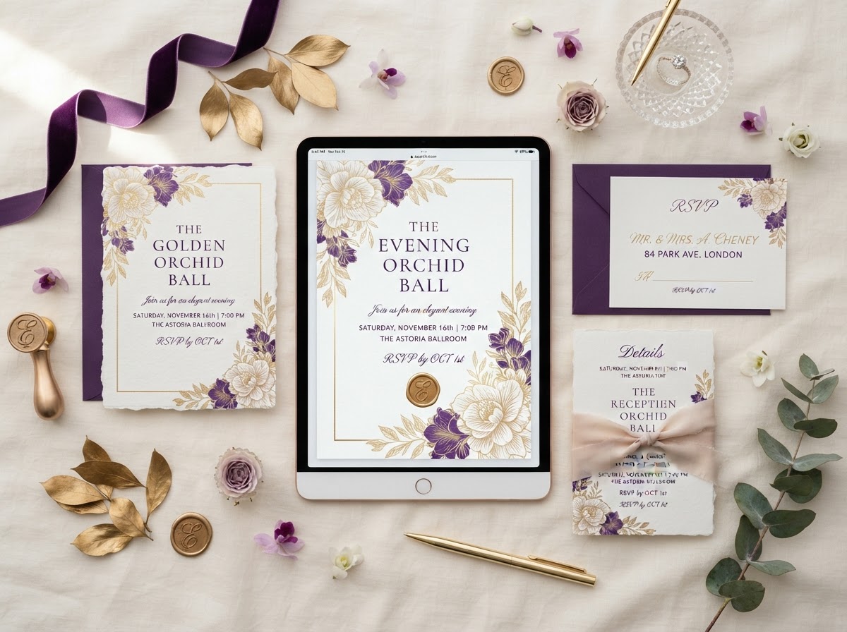 Editable digital party invitation templates in gold and purple