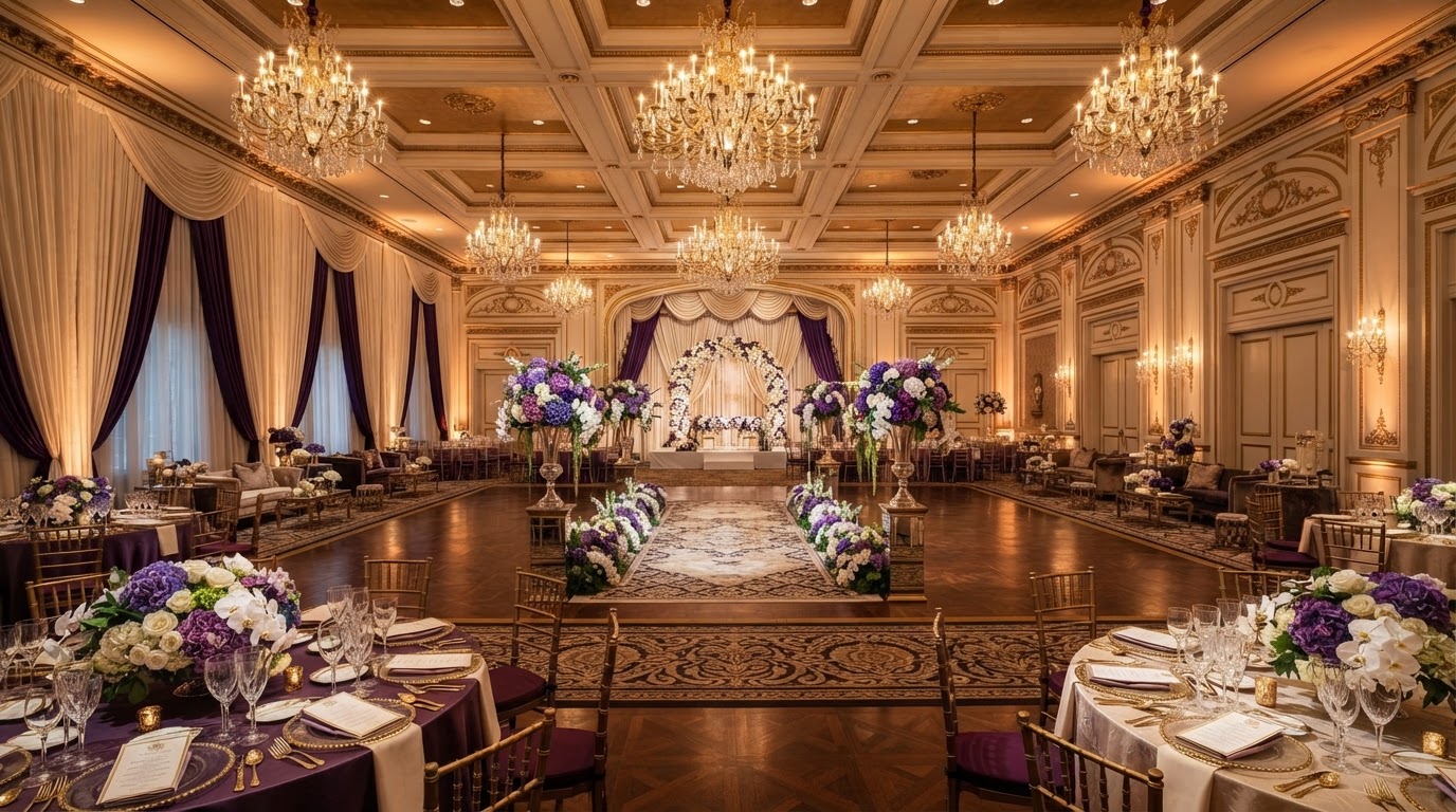 Rendering of a refined luxury event venue interior with gold chandeliers and purple draping