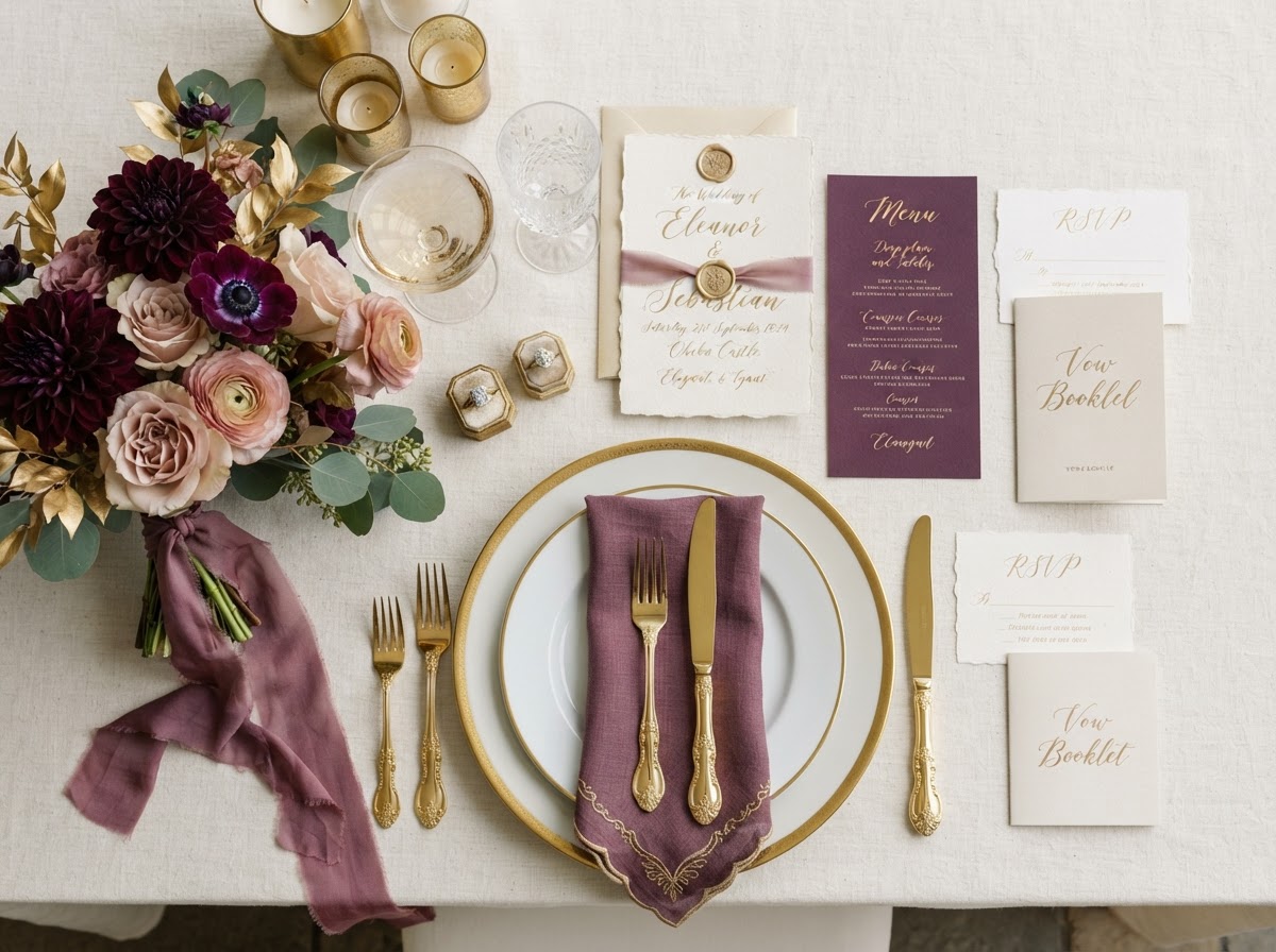 Elegant event planning flat lay with gold stationery and florals
