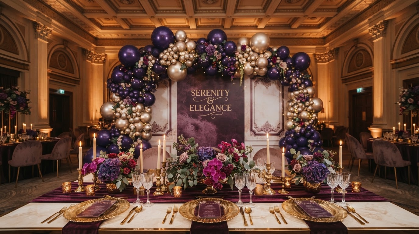 Luxury purple and gold balloon installation and elegant event tablescape