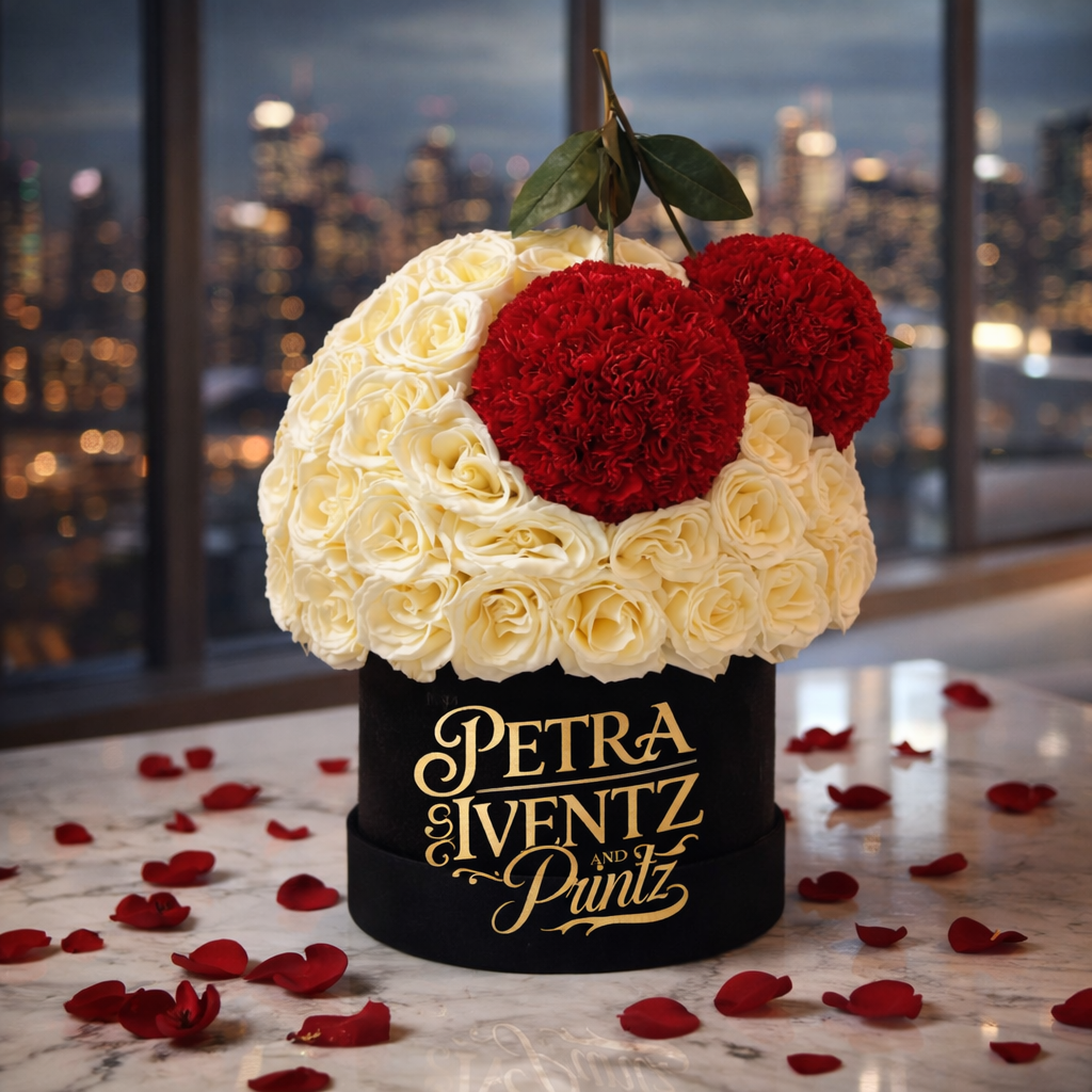 Bespoke black velvet cylinder hat box branded with gold Petra Iventz & Printz foil lettering, overflowing with cream roses, red pompon carnations, and rose petals