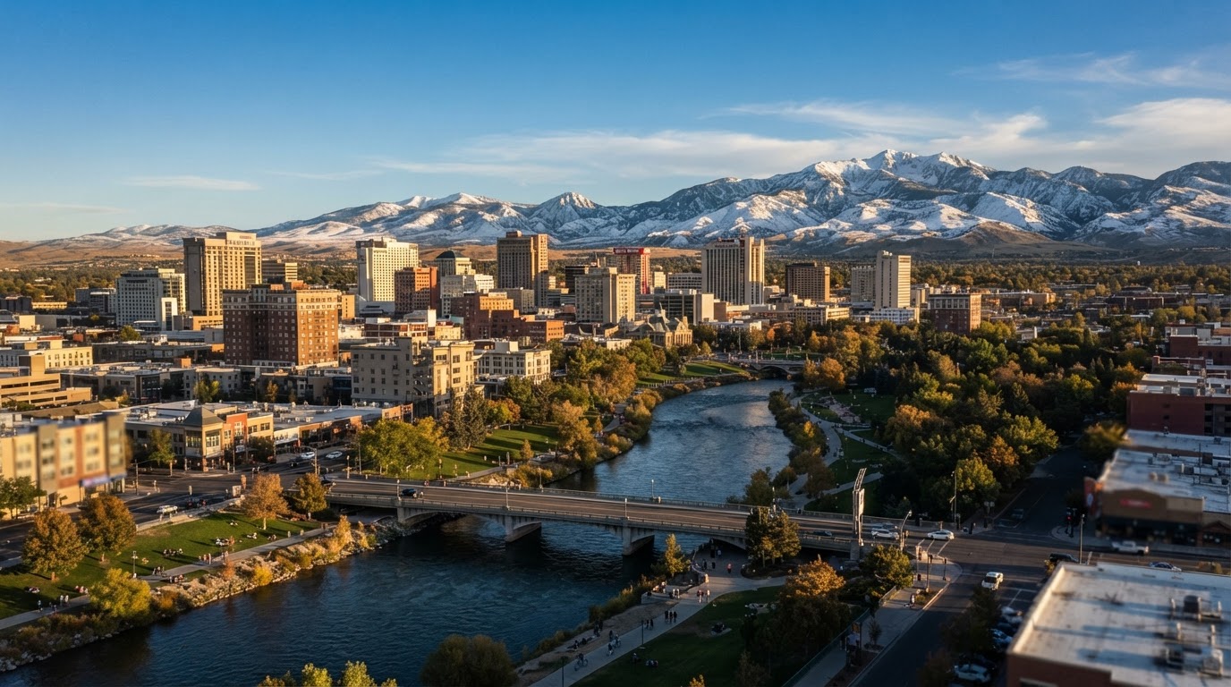 Downtown Reno, Nevada skyline under a clear high-desert sky with snow-capped Sierra Nevada mountains