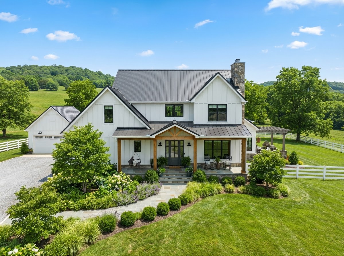 Modern farmhouse exterior with board and batten siding and standing seam metal roof