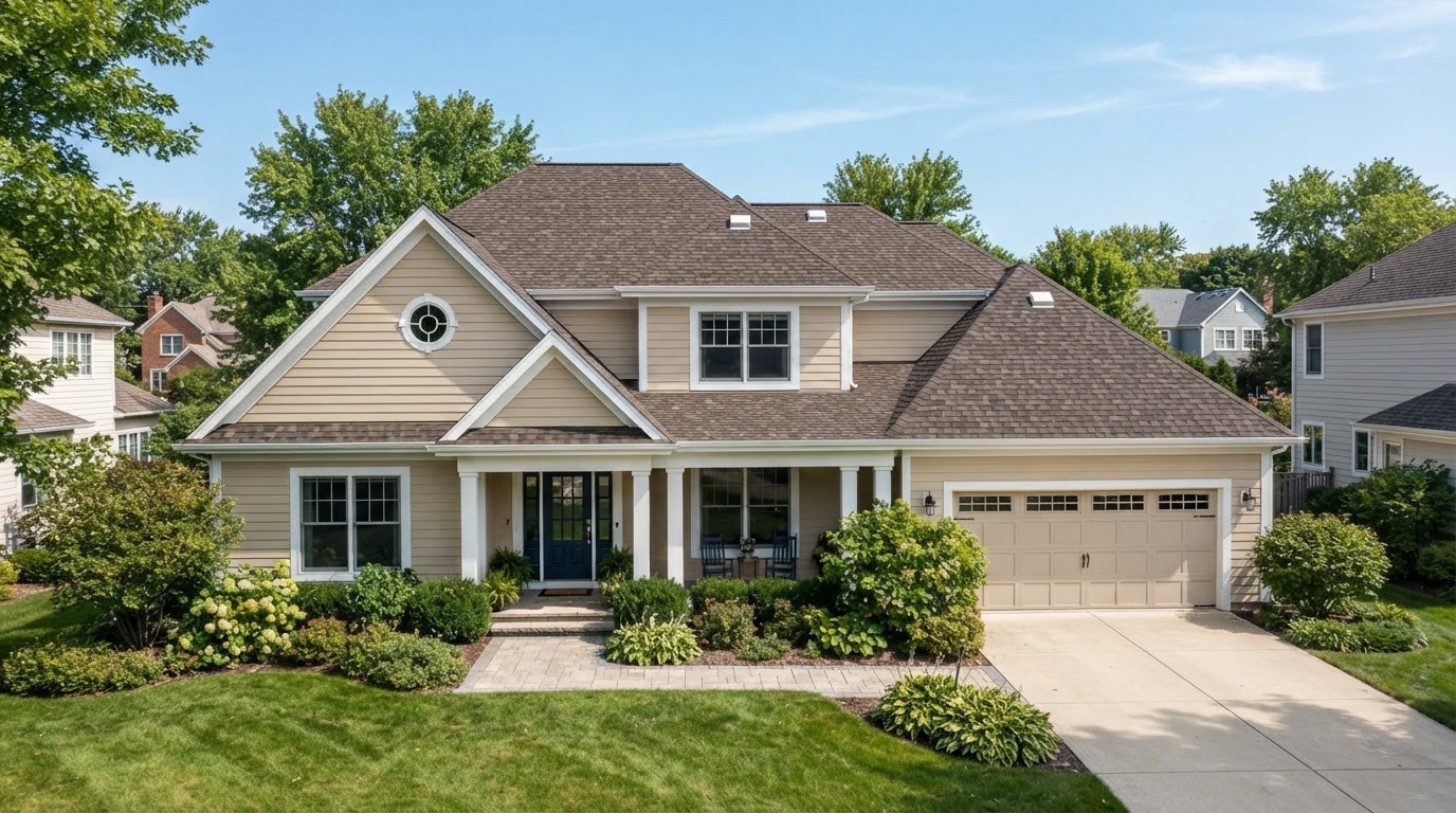 Roof replacement on a suburban home with new architectural shingles