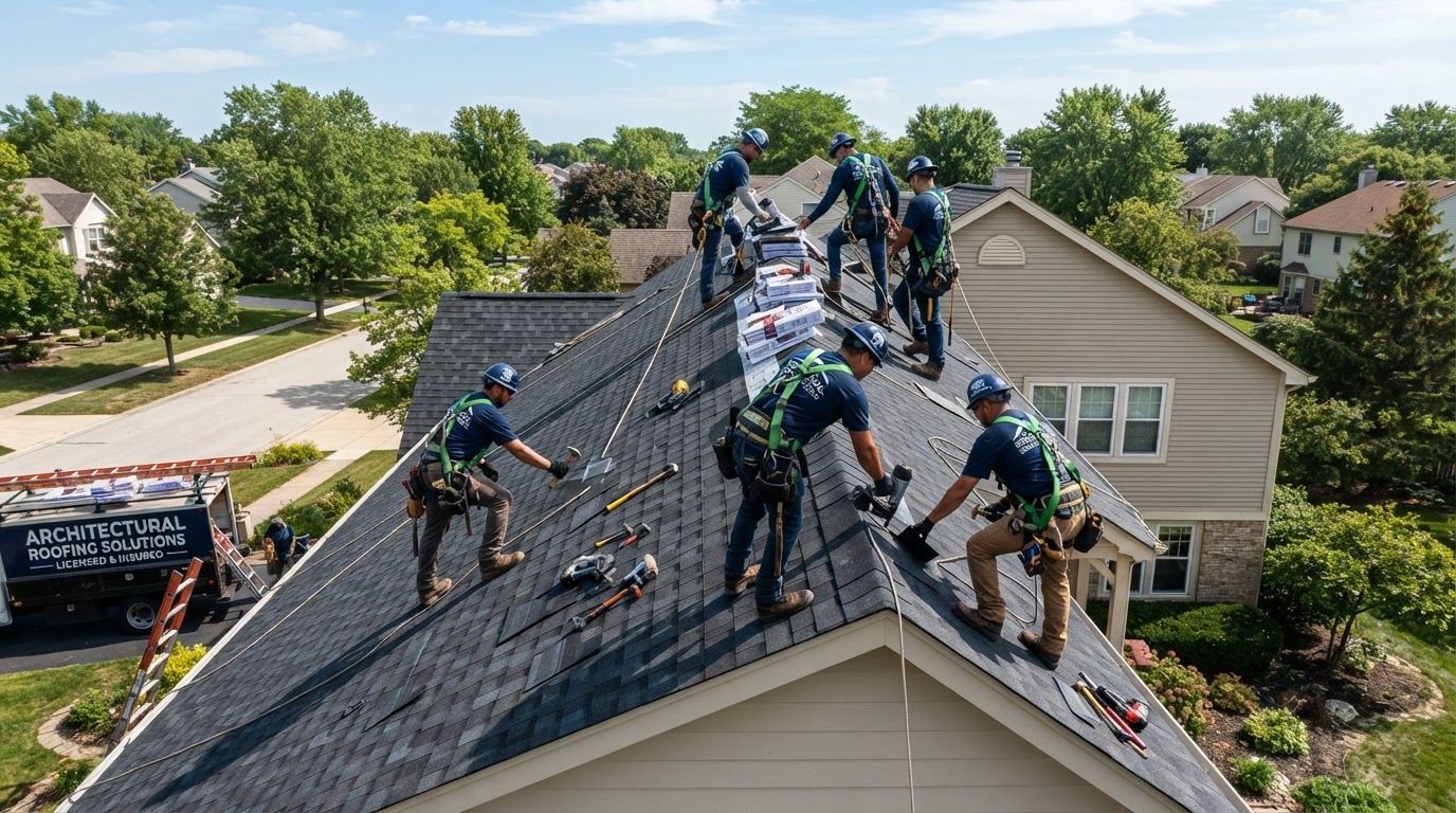 Roofing crew installing architectural shingles