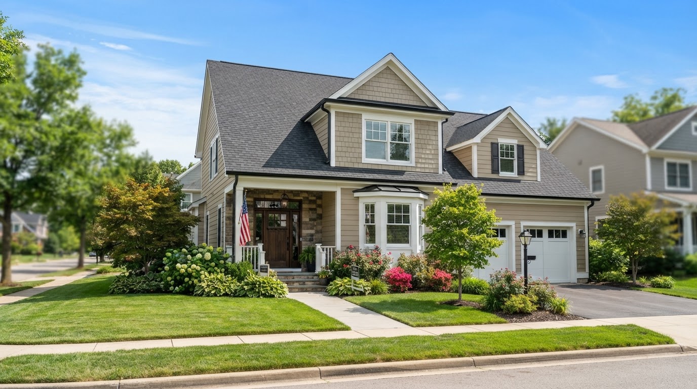 Completed roofing and siding project on a suburban home