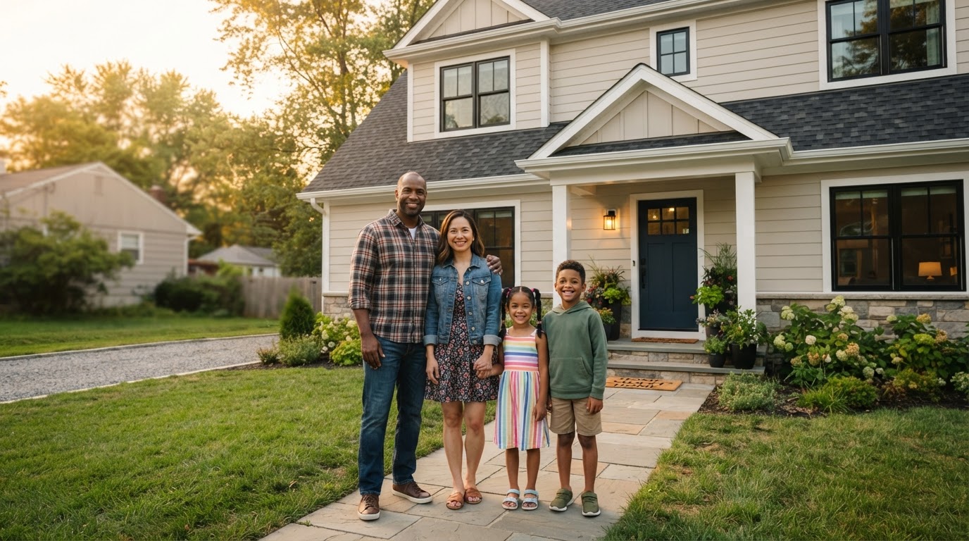 A family standing outside their home