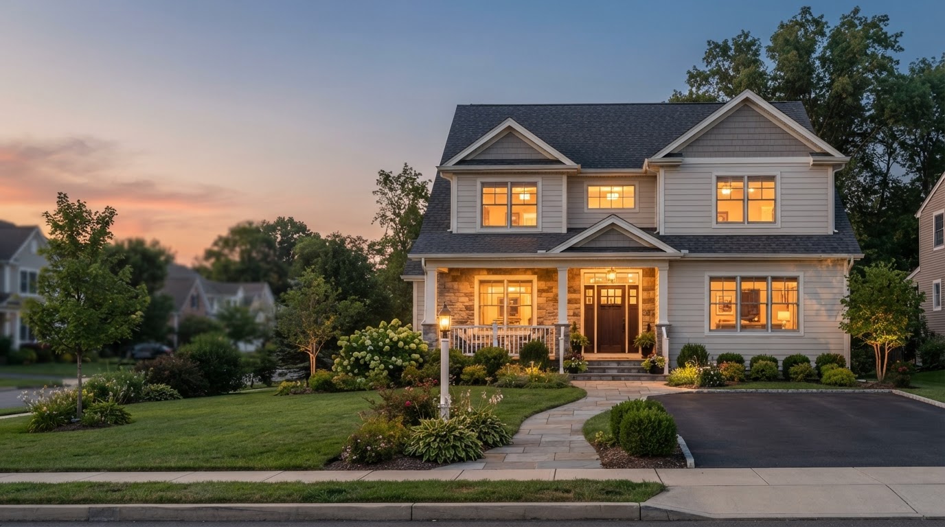 Welcoming family home at dusk with a new roof and siding