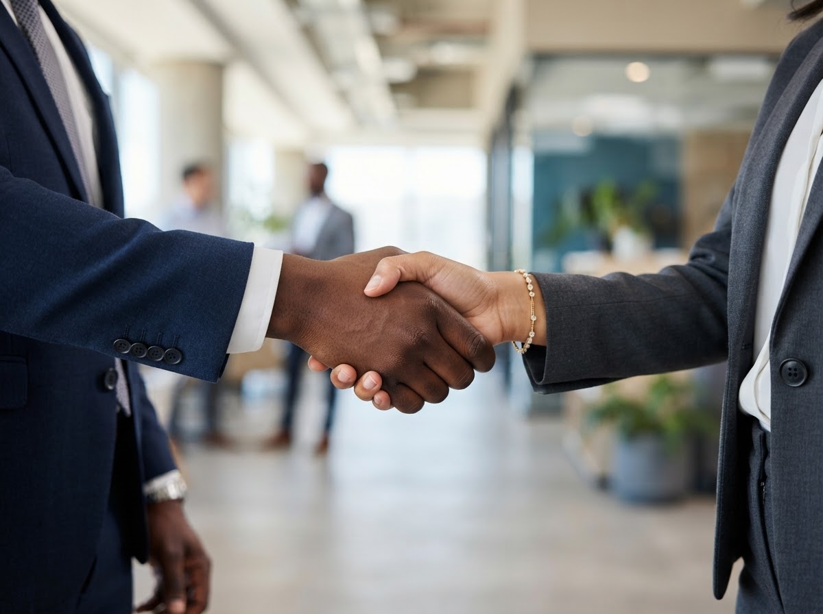 A diverse business handshake symbolizing strong, long-term partnerships