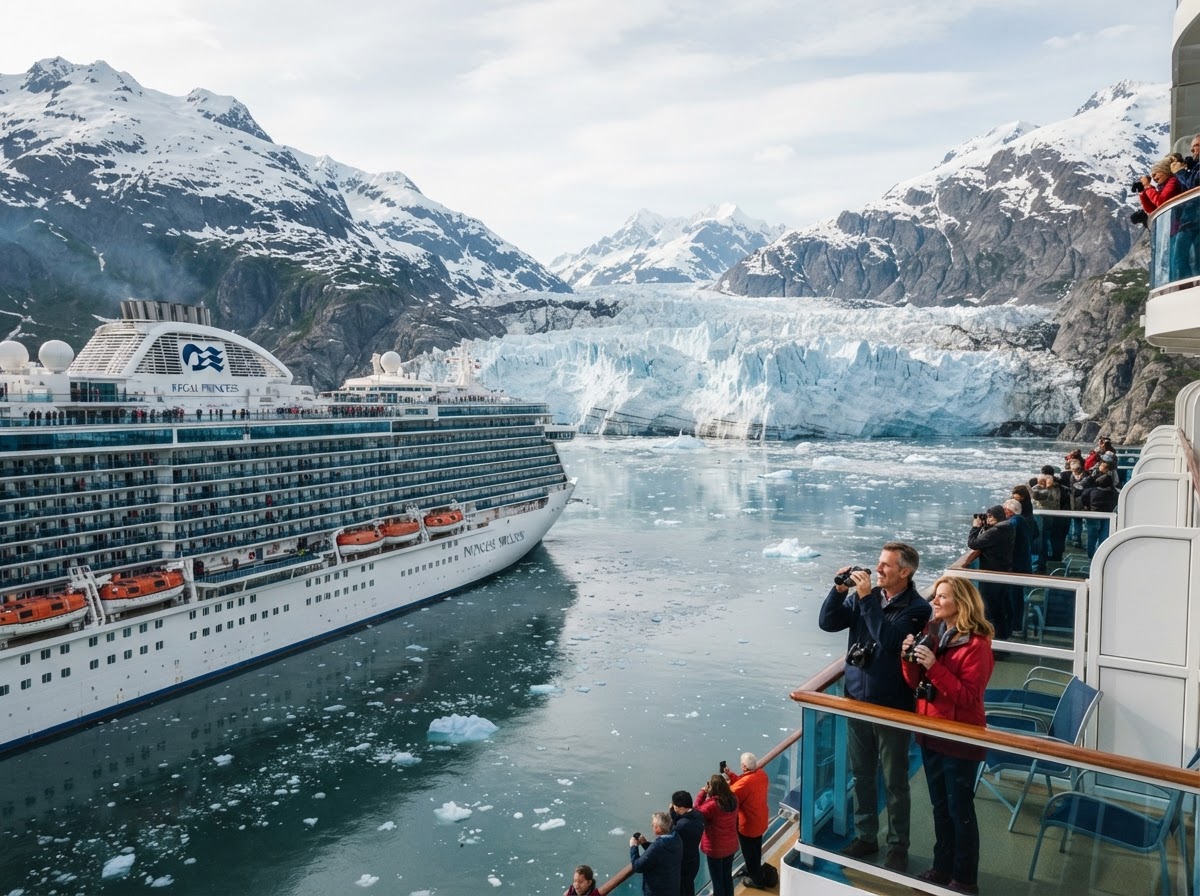 Princess Cruises ship sailing past majestic Alaska glaciers and coastal mountains