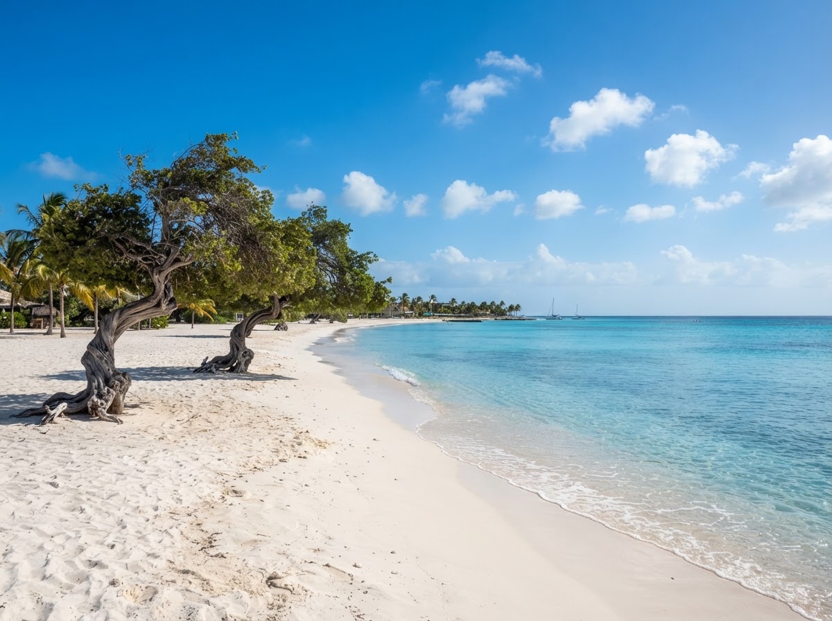 Eagle Beach with white sand, divi-divi trees, and clear blue water in Aruba