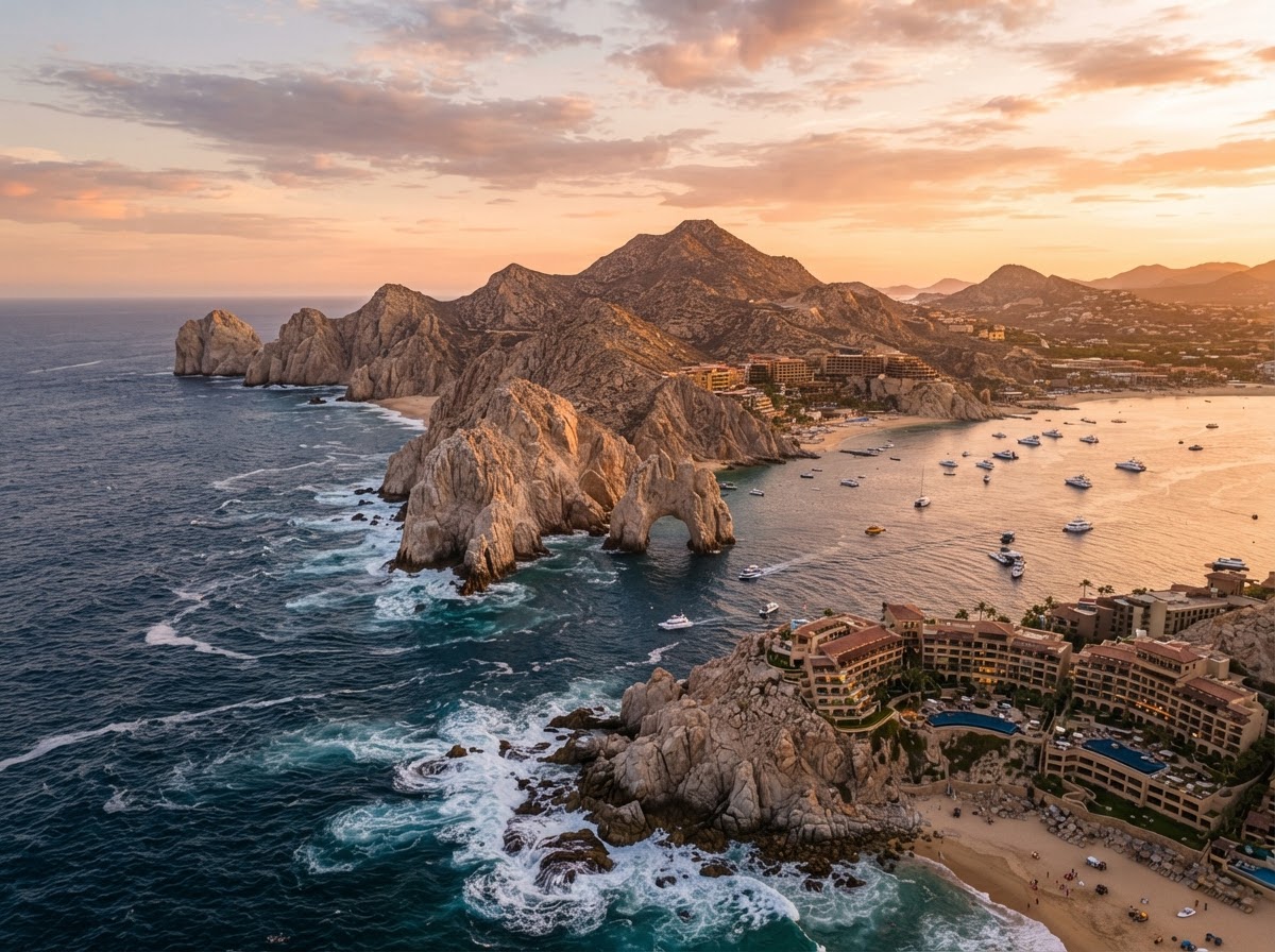 Dramatic Los Cabos coastline featuring El Arco rock formation, oceanfront luxury resorts, and desert-meets-sea scenery