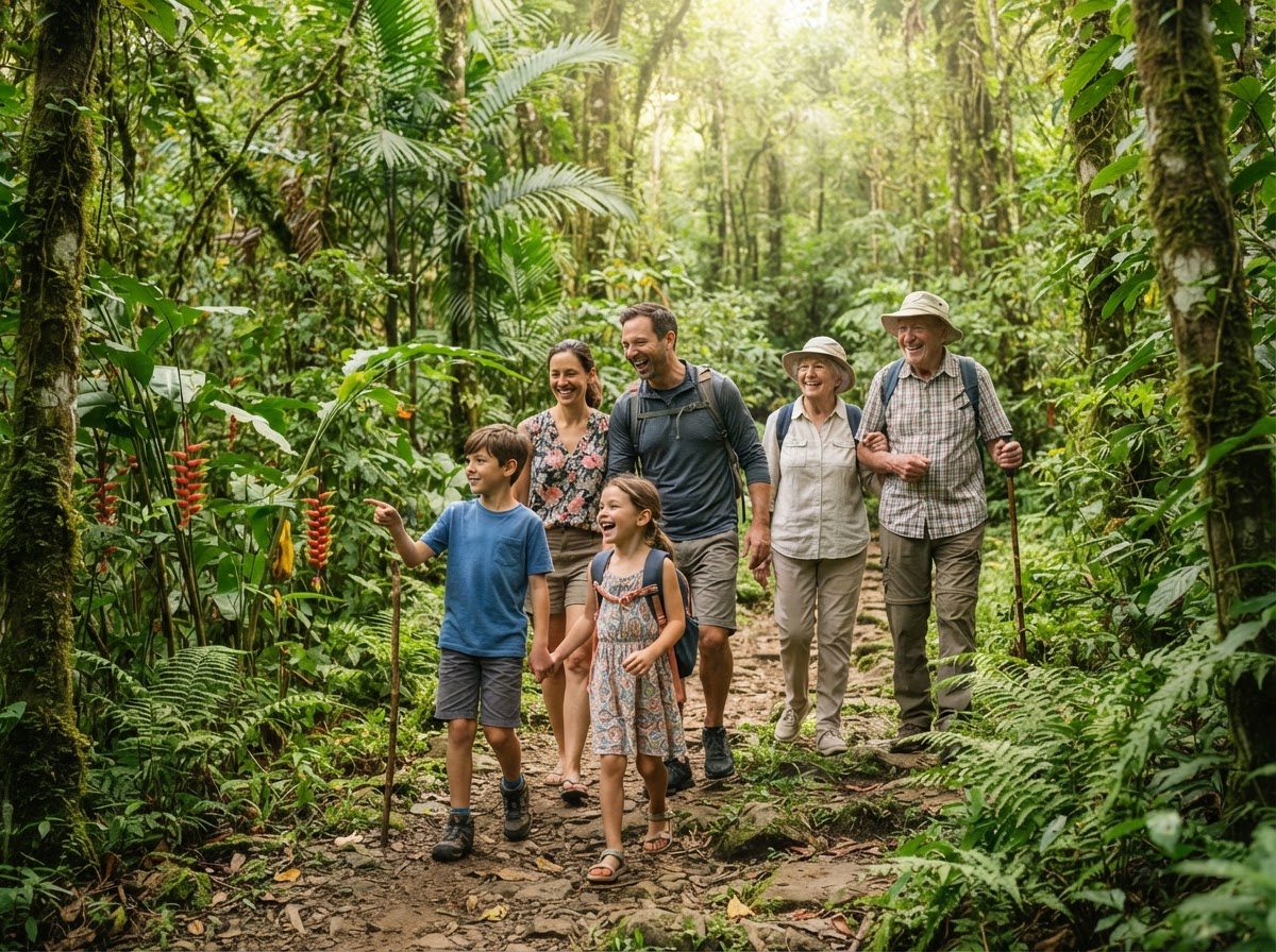 A multigenerational family enjoying a scenic tropical nature excursion together
