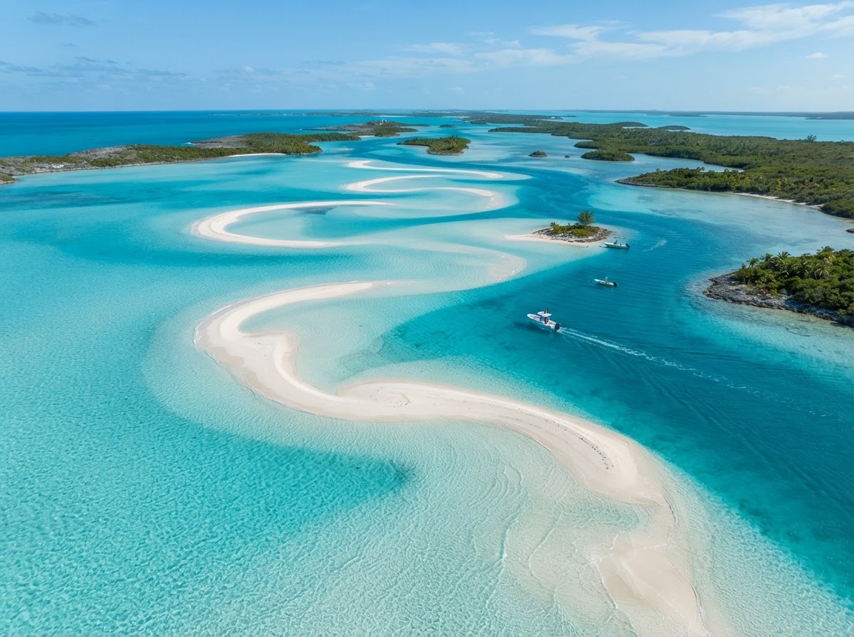 Aerial view of Exuma sandbars surrounded by brilliant turquoise water in the Bahamas
