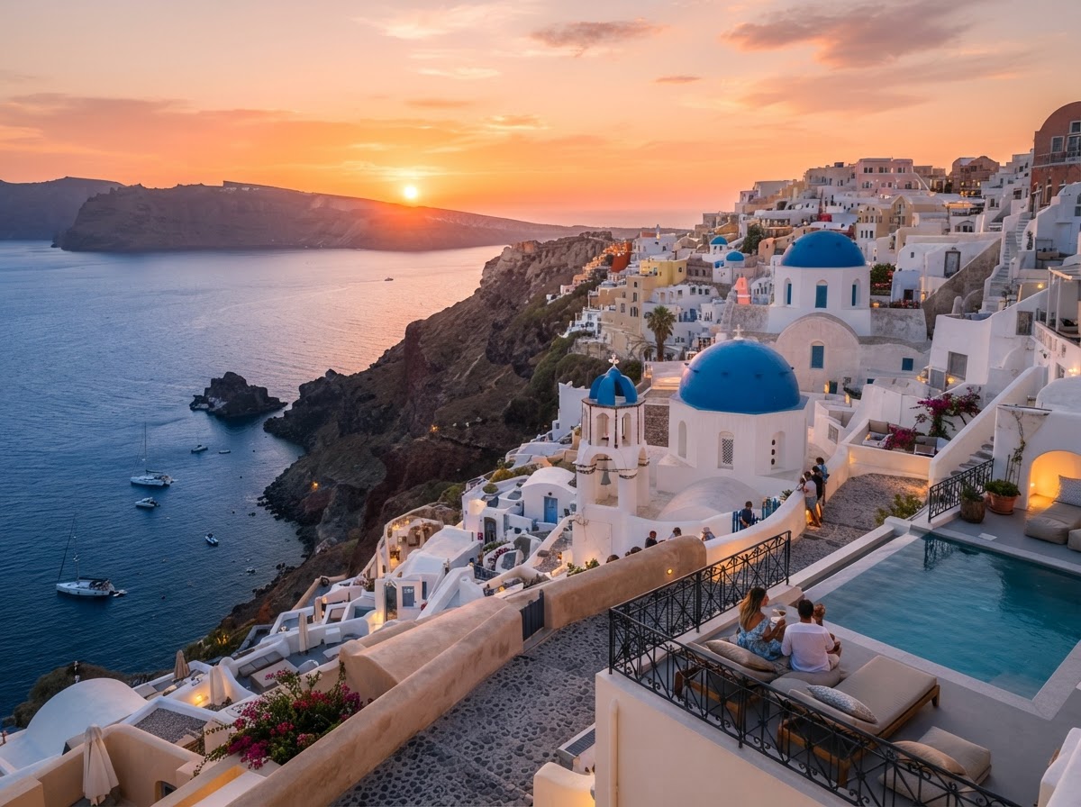 Breathtaking Santorini scenery with whitewashed buildings, blue-domed churches, and a glowing sunset over the caldera