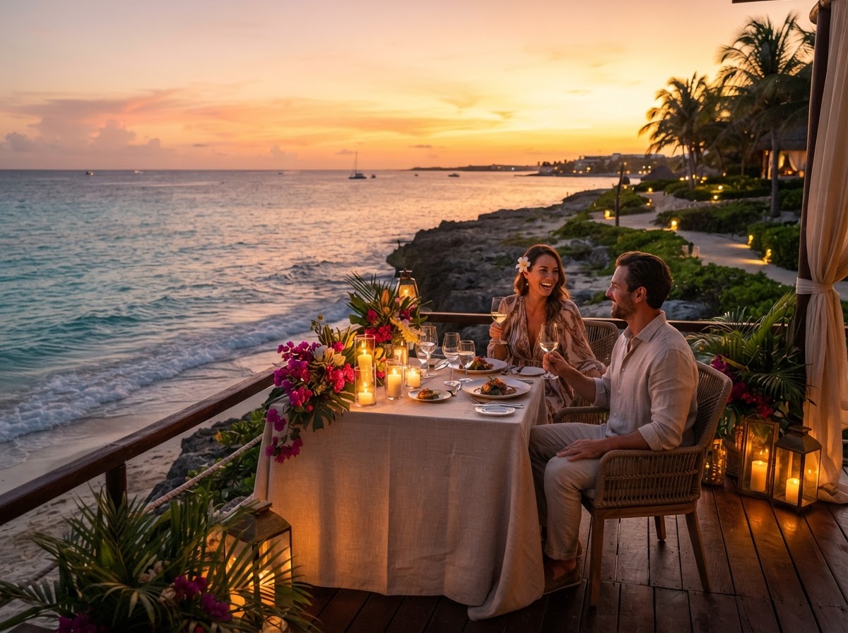Romantic oceanfront dinner at sunset in Mexico