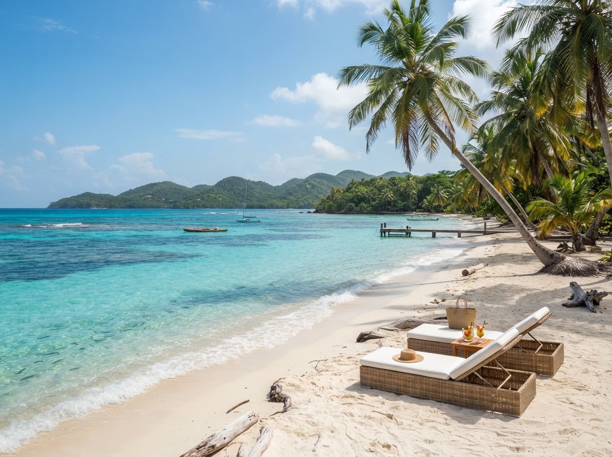 A peaceful Caribbean island beach in Belize or Roatán with turquoise water and beautiful palm trees