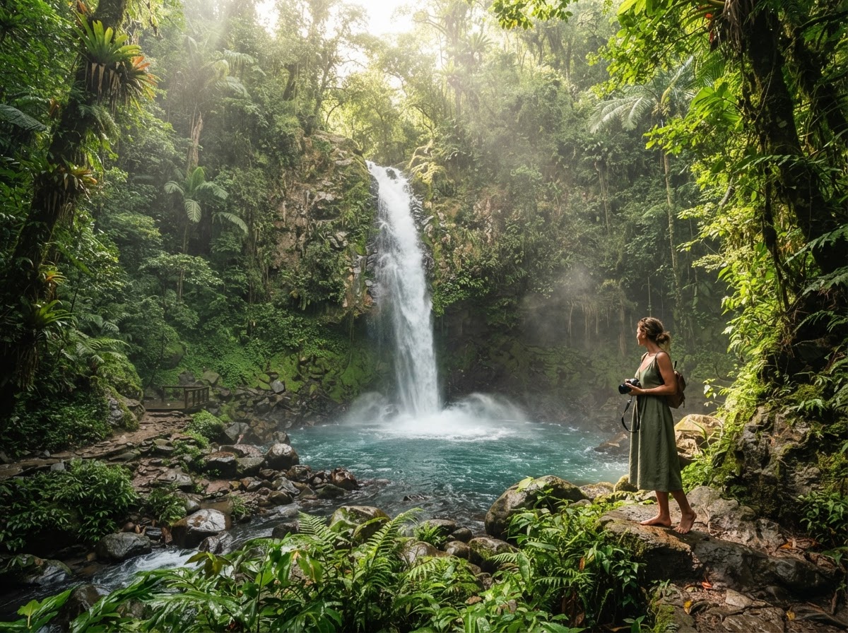 A breathtaking tropical waterfall cascading through a lush Central American rainforest
