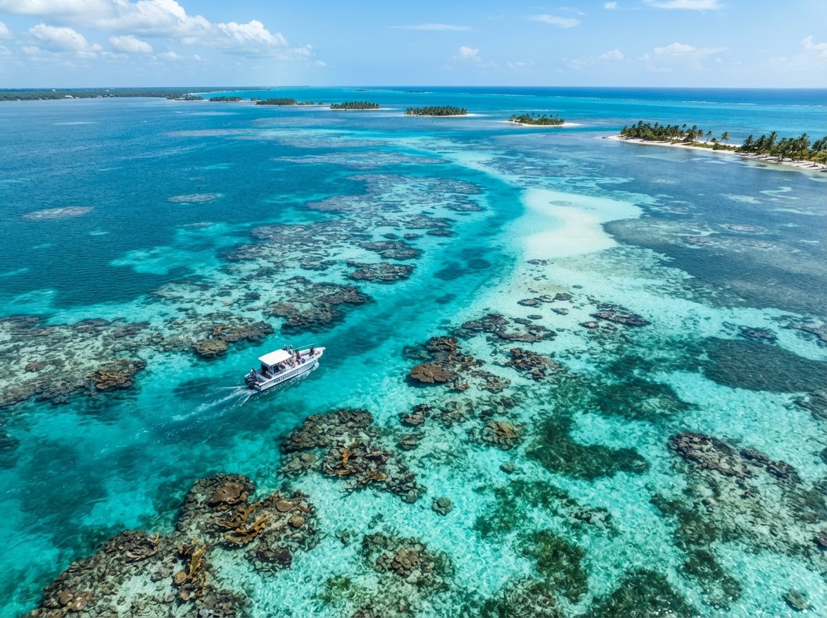 Breathtaking aerial view of Belize's barrier reef with crystal-clear tropical water, coral formations, and a small excursion boat