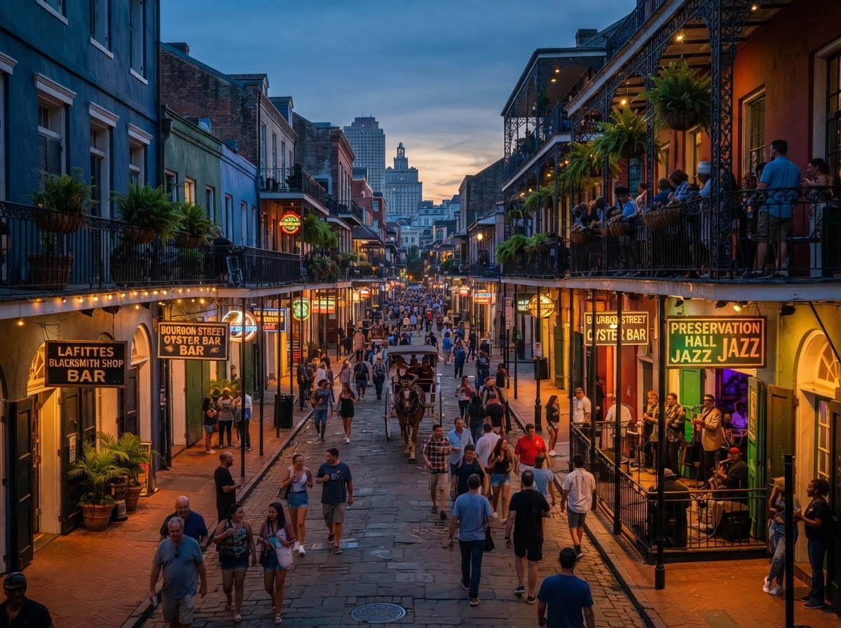 A beautiful New Orleans French Quarter street scene at dusk with warm lights, historic buildings, and a lively cultural atmosphere