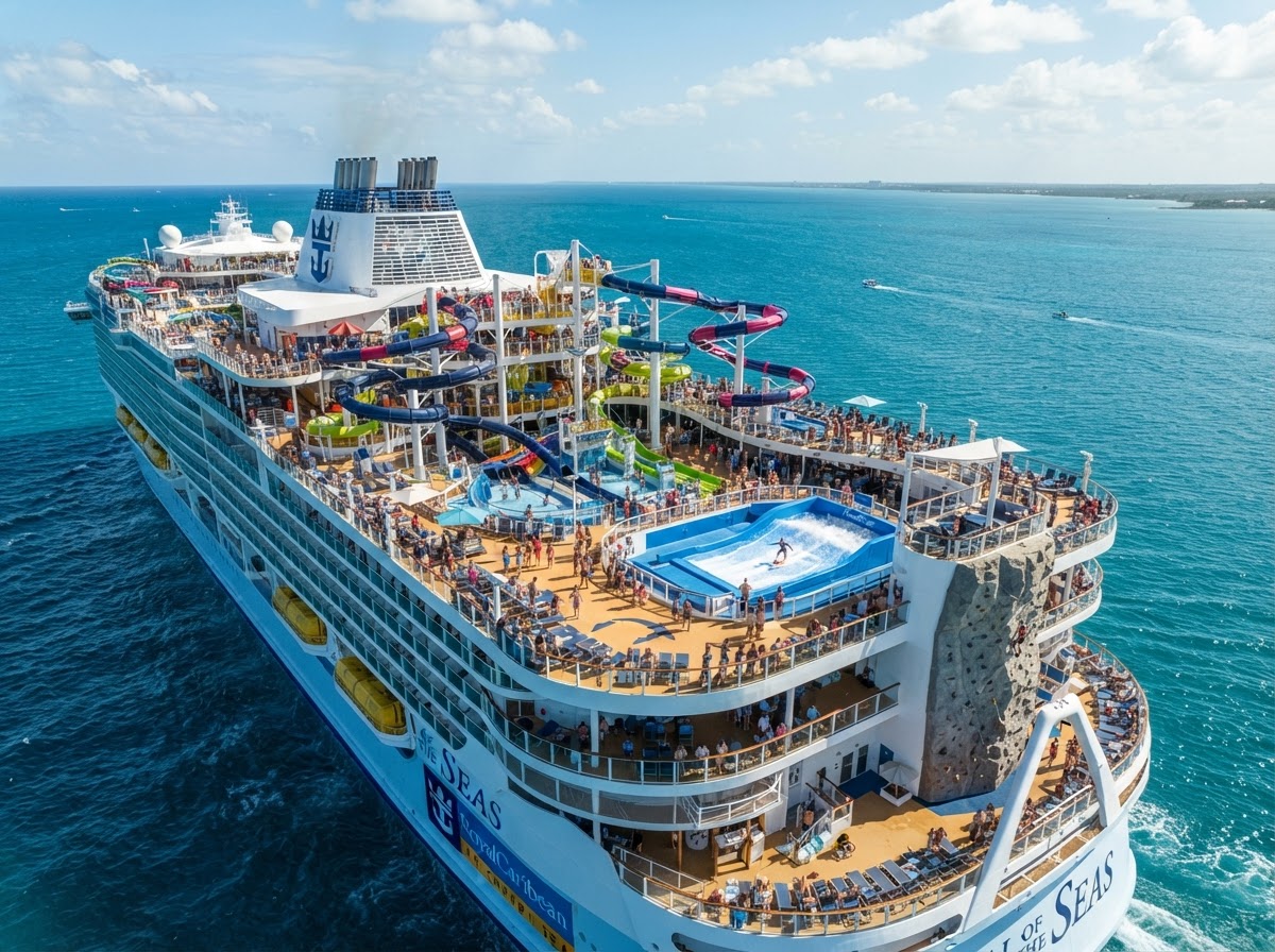 Royal Caribbean cruise ship with waterslides and family activities at sea