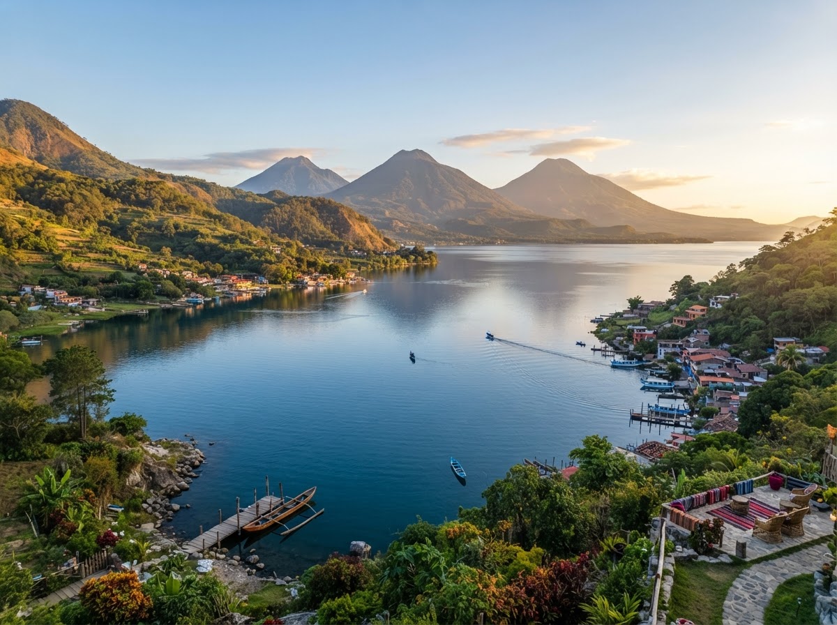 Breathtaking view of Lake Atitlán in Guatemala surrounded by magnificent volcanoes, lush mountains, and charming villages