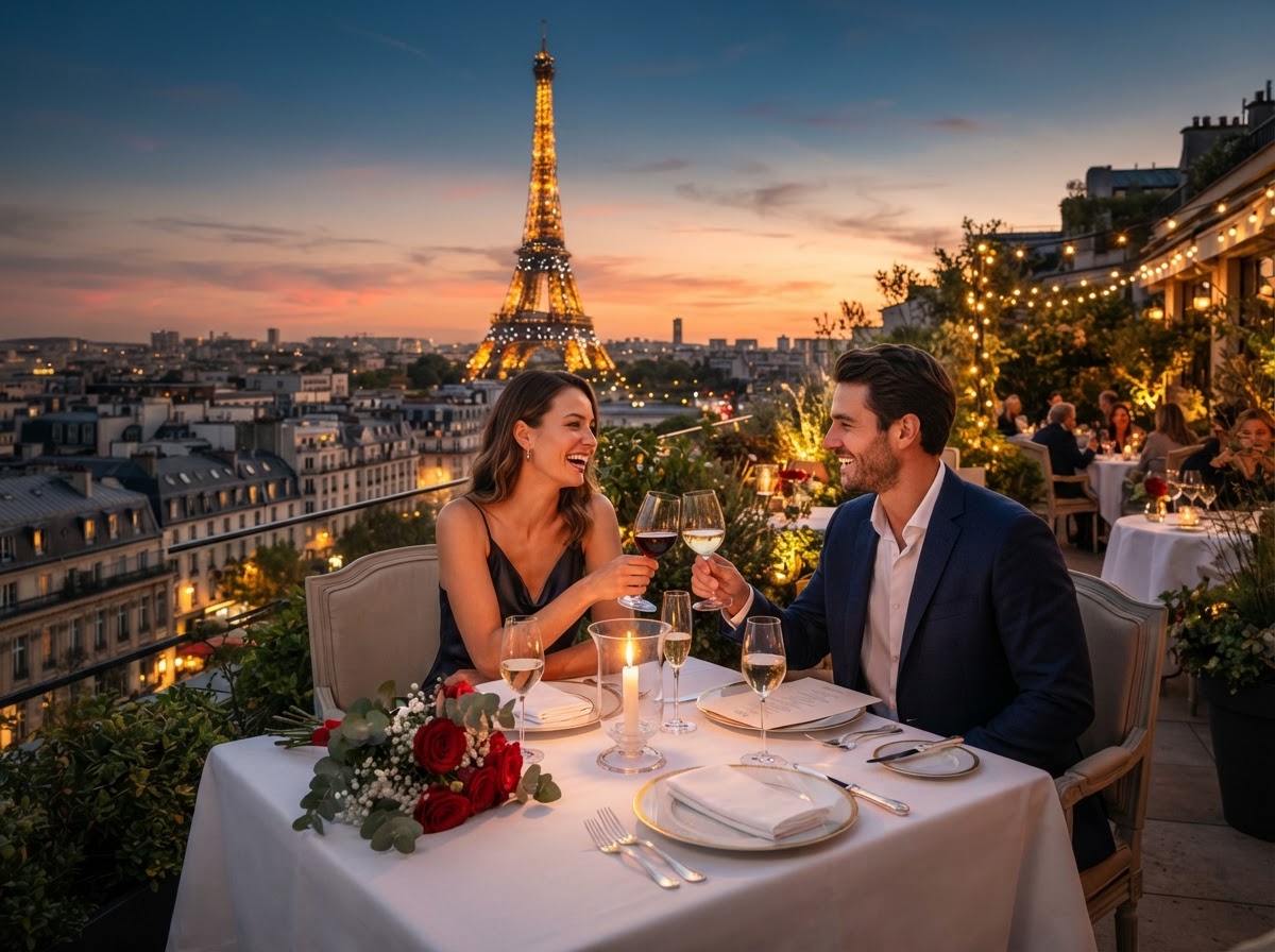 An elegant romantic dinner overlooking the Eiffel Tower at sunset in Paris, with candlelit table, fine dining, wine glasses, and luxurious elegant table settings